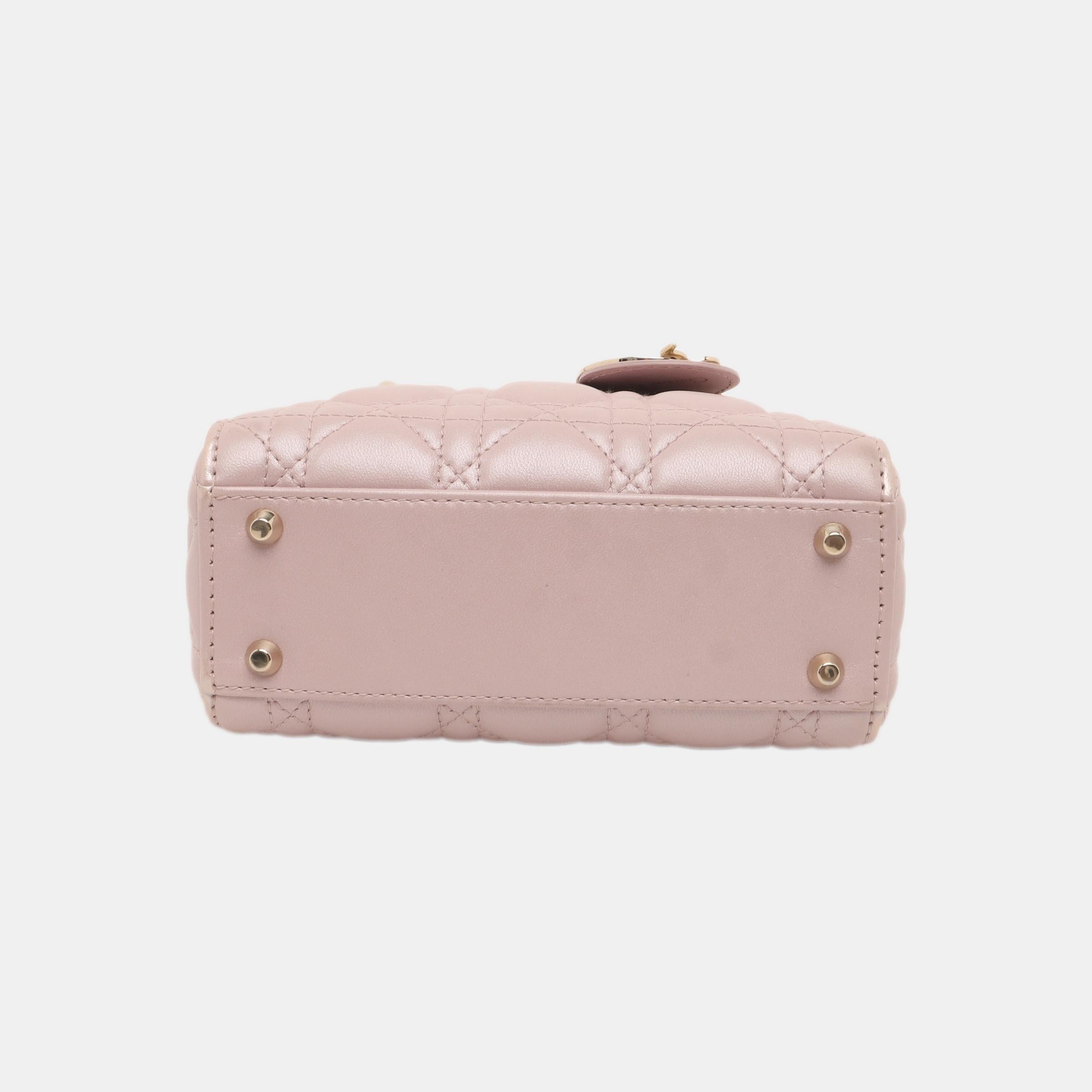 Women's Lady Dior Mini 2020 Pearlescent Pink Lambskin Leather Gold HW Chain Strap