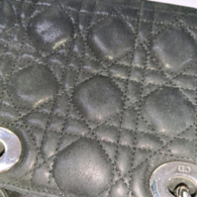 Lady Dior Mini Black Aged Calfskin Leather handbag with silver Chain Strap For Sale 12