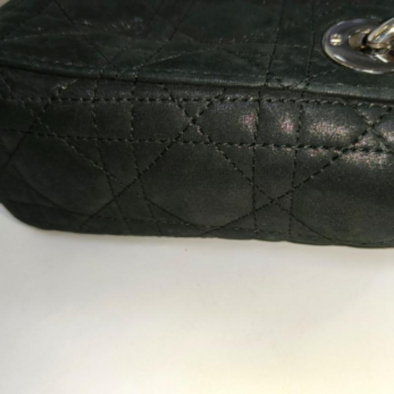 Lady Dior Mini Black Aged Calfskin Leather handbag with silver Chain Strap For Sale 13