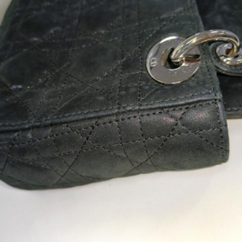 Lady Dior Mini Black Aged Calfskin Leather handbag with silver Chain Strap For Sale 14