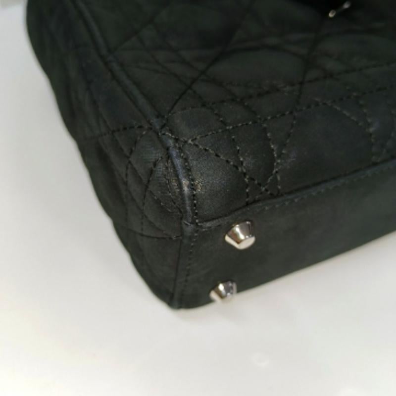Lady Dior Mini Black Aged Calfskin Leather handbag with silver Chain Strap For Sale 16