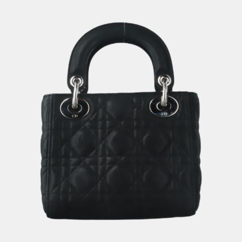 Women's Lady Dior Mini Black Aged Calfskin Leather handbag with silver Chain Strap For Sale