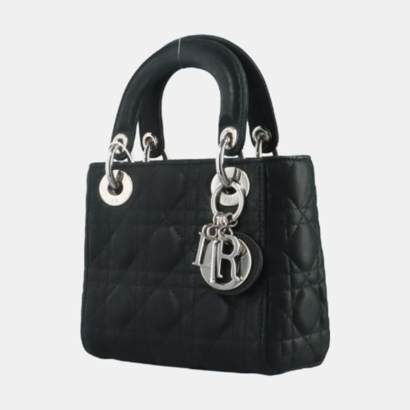 Lady Dior Mini Black Aged Calfskin Leather handbag with silver Chain Strap For Sale 1