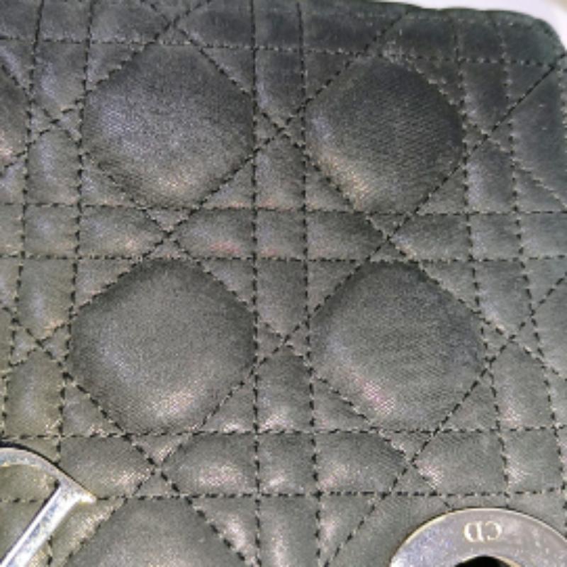 Lady Dior Mini Black Aged Calfskin Leather handbag with silver Chain Strap For Sale 3