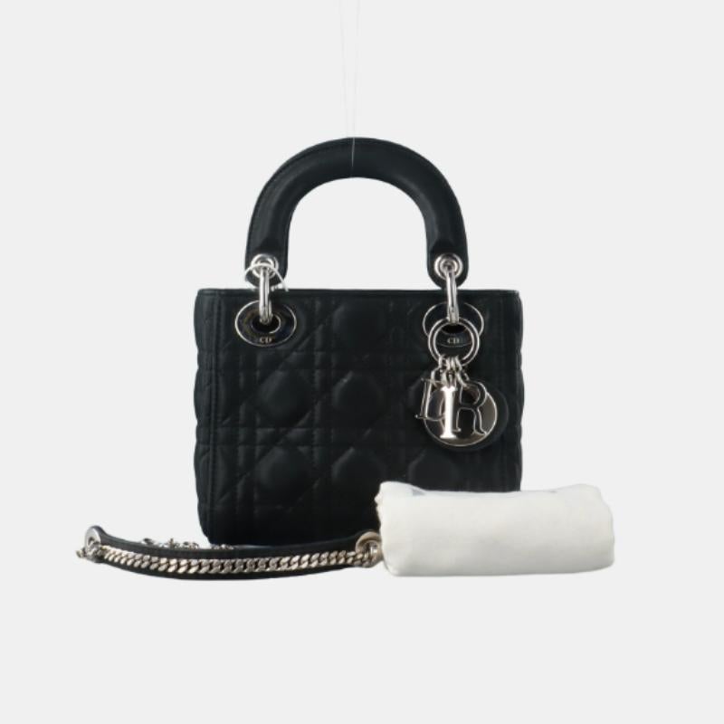 Lady Dior Mini Black Aged Calfskin Leather handbag with silver Chain Strap For Sale 5