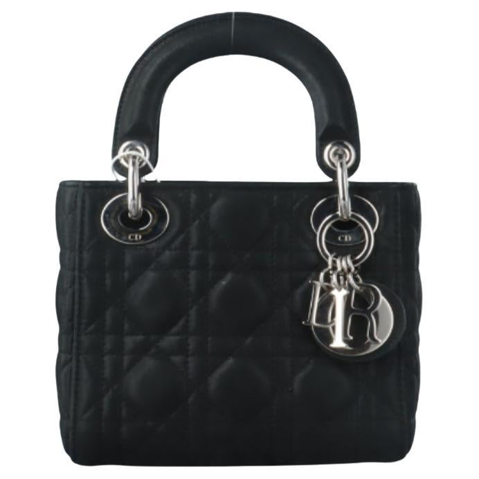 Lady Dior Mini Black Aged Calfskin Leather handbag with silver Chain Strap For Sale