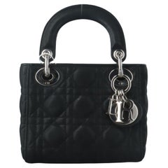 Lady Dior Mini Black Aged Calfskin Leather handbag with silver Chain Strap