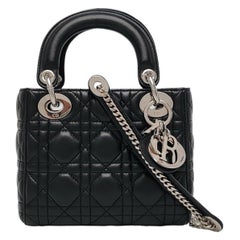 Lady Dior Mini en cuir d'agneau noir avec accessoires en argent 2016