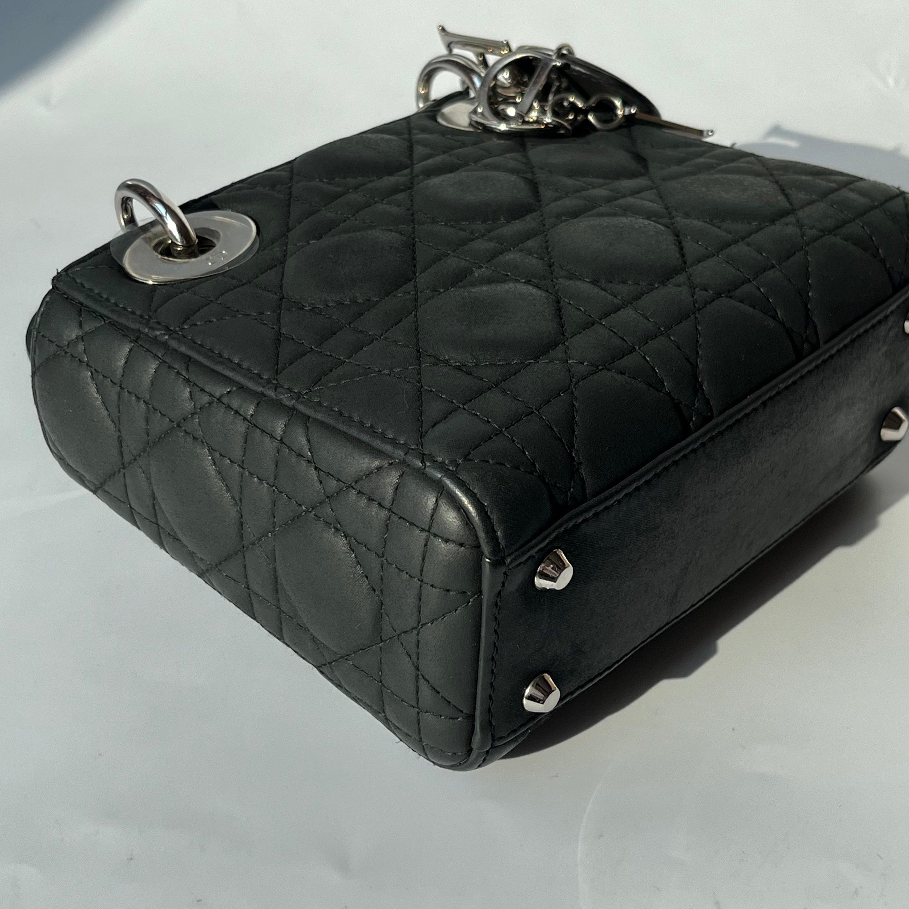 Lady Dior Mini Black Nubuck Aged Lambskin Leather with silver chain strap For Sale 6