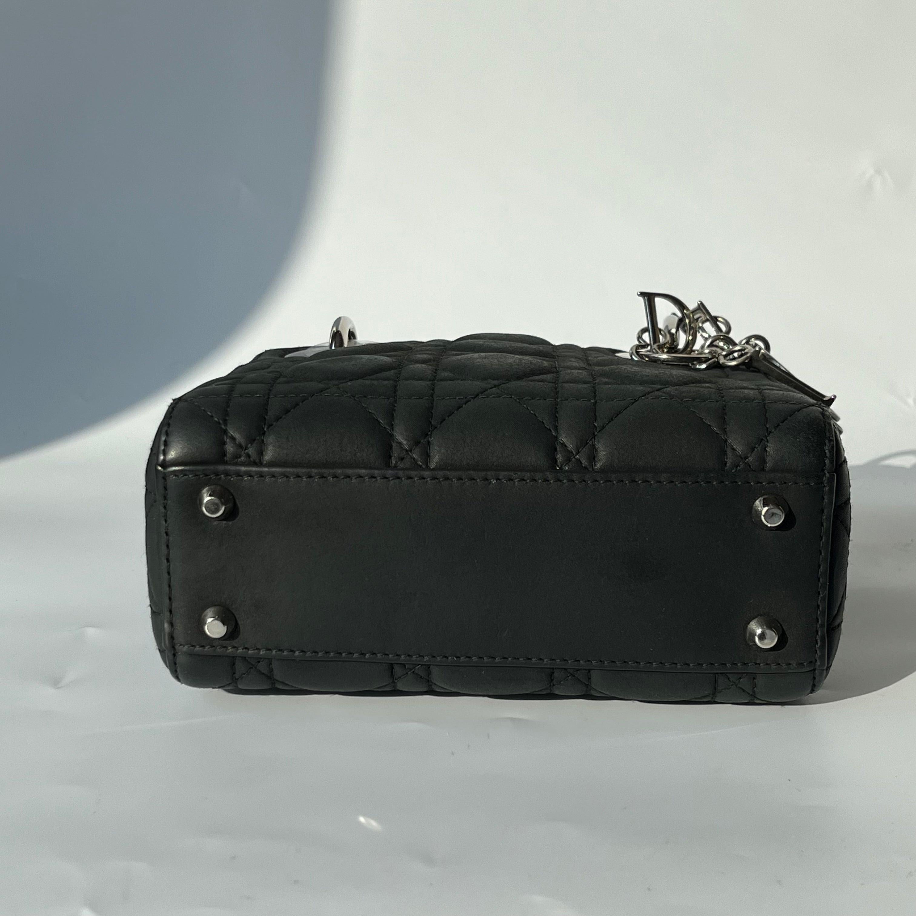 Lady Dior Mini Black Nubuck Aged Lambskin Leather with silver chain strap For Sale 8