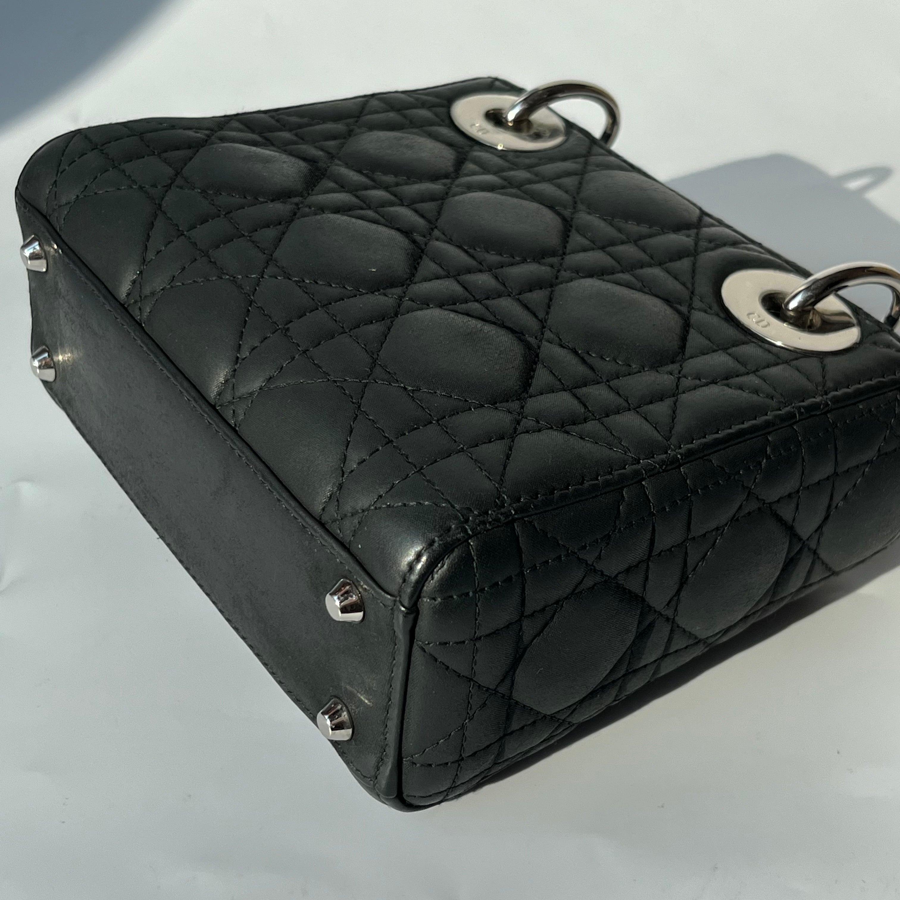 Lady Dior Mini Black Nubuck Aged Lambskin Leather with silver chain strap For Sale 10