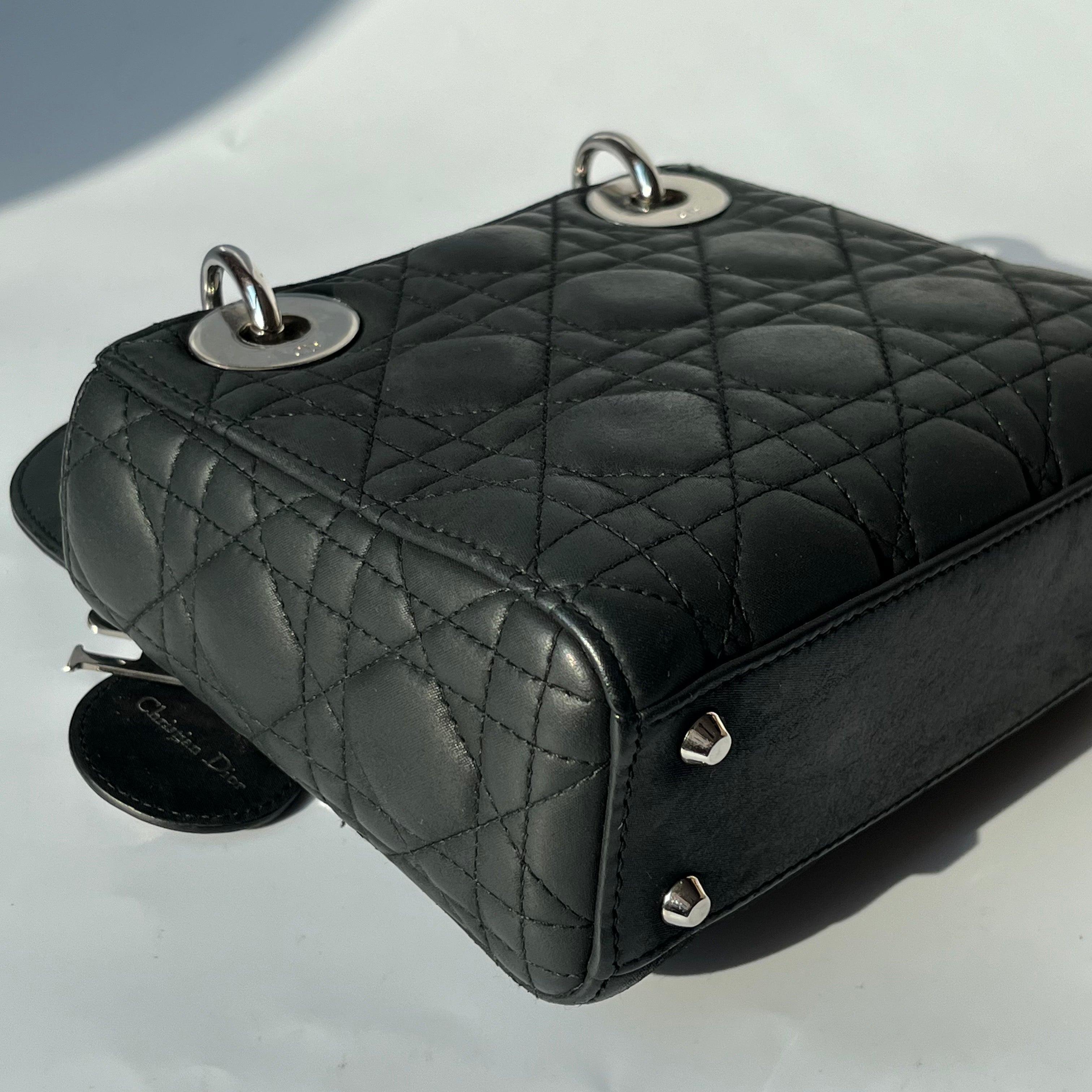 Lady Dior Mini Black Nubuck Aged Lambskin Leather with silver chain strap For Sale 11