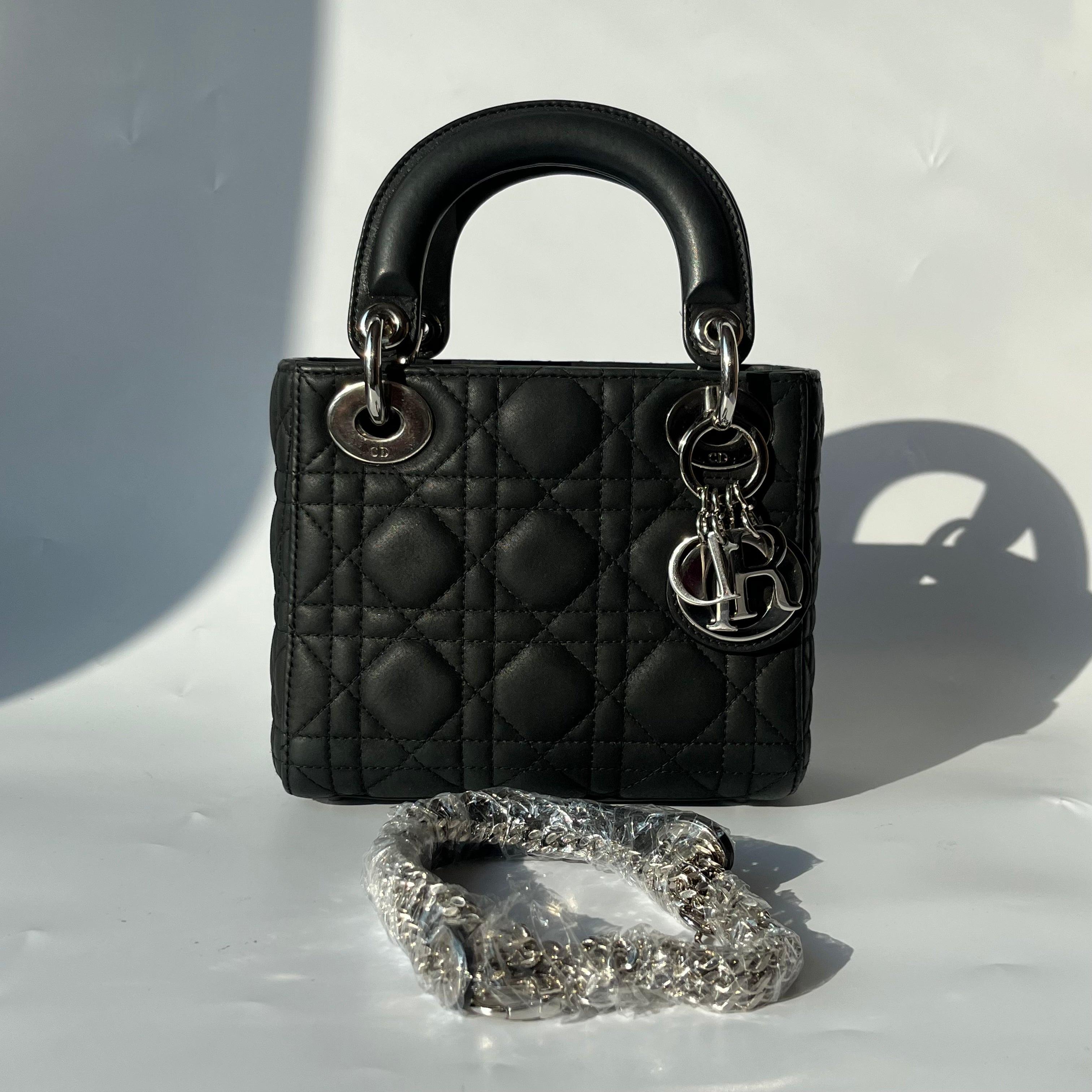 Lady Dior Mini Black Nubuck Aged Lambskin Leather with silver chain strap In Good Condition For Sale In AUBERVILLIERS, FR