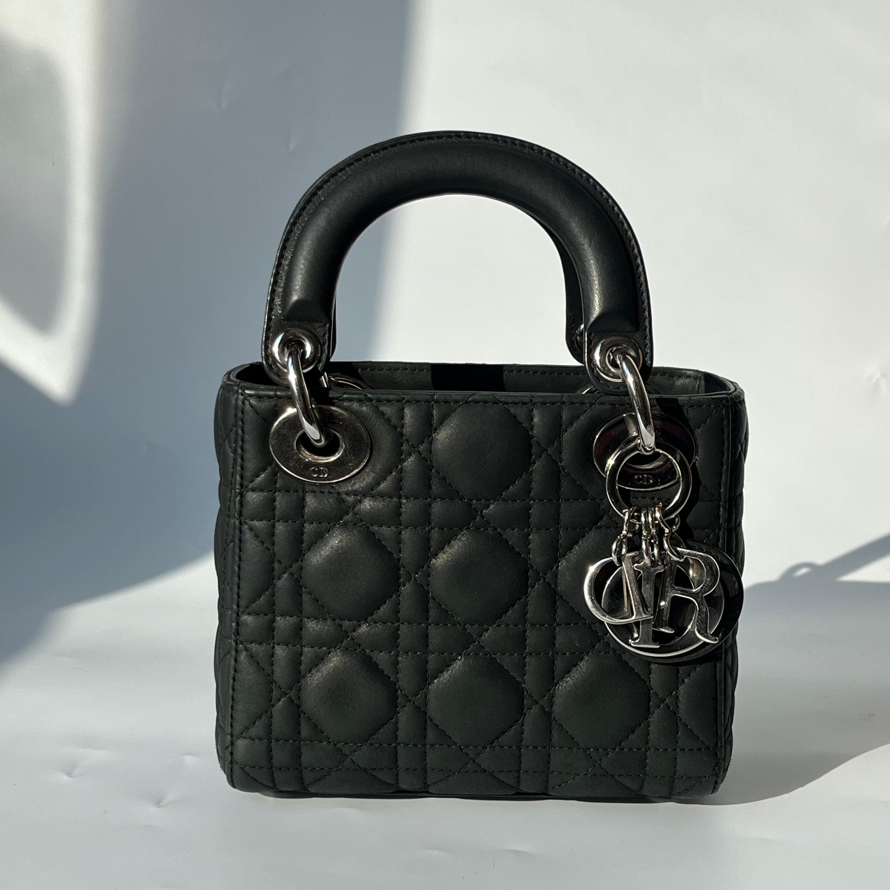 Women's Lady Dior Mini Black Nubuck Aged Lambskin Leather with silver chain strap For Sale