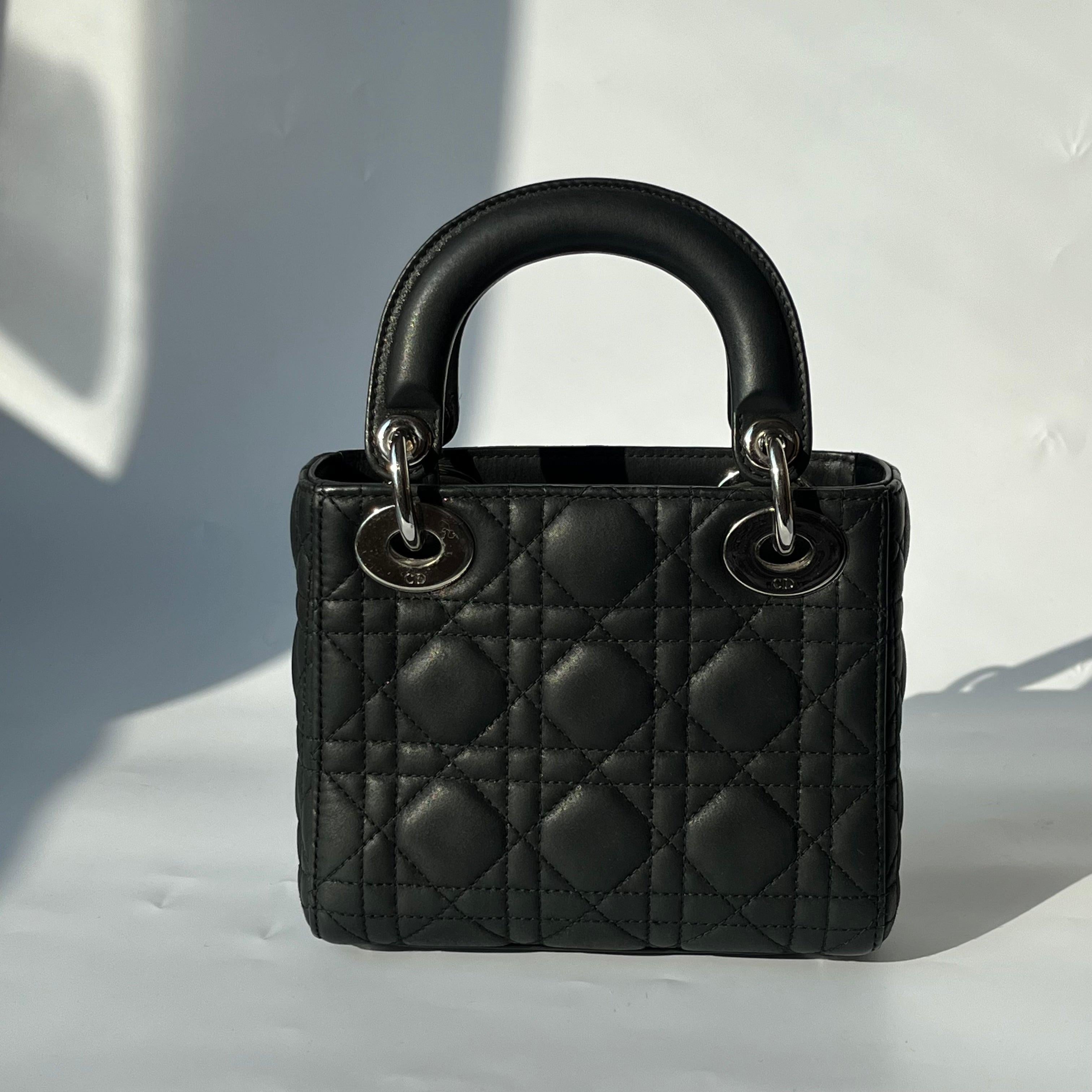 Lady Dior Mini Black Nubuck Aged Lambskin Leather with silver chain strap For Sale 1
