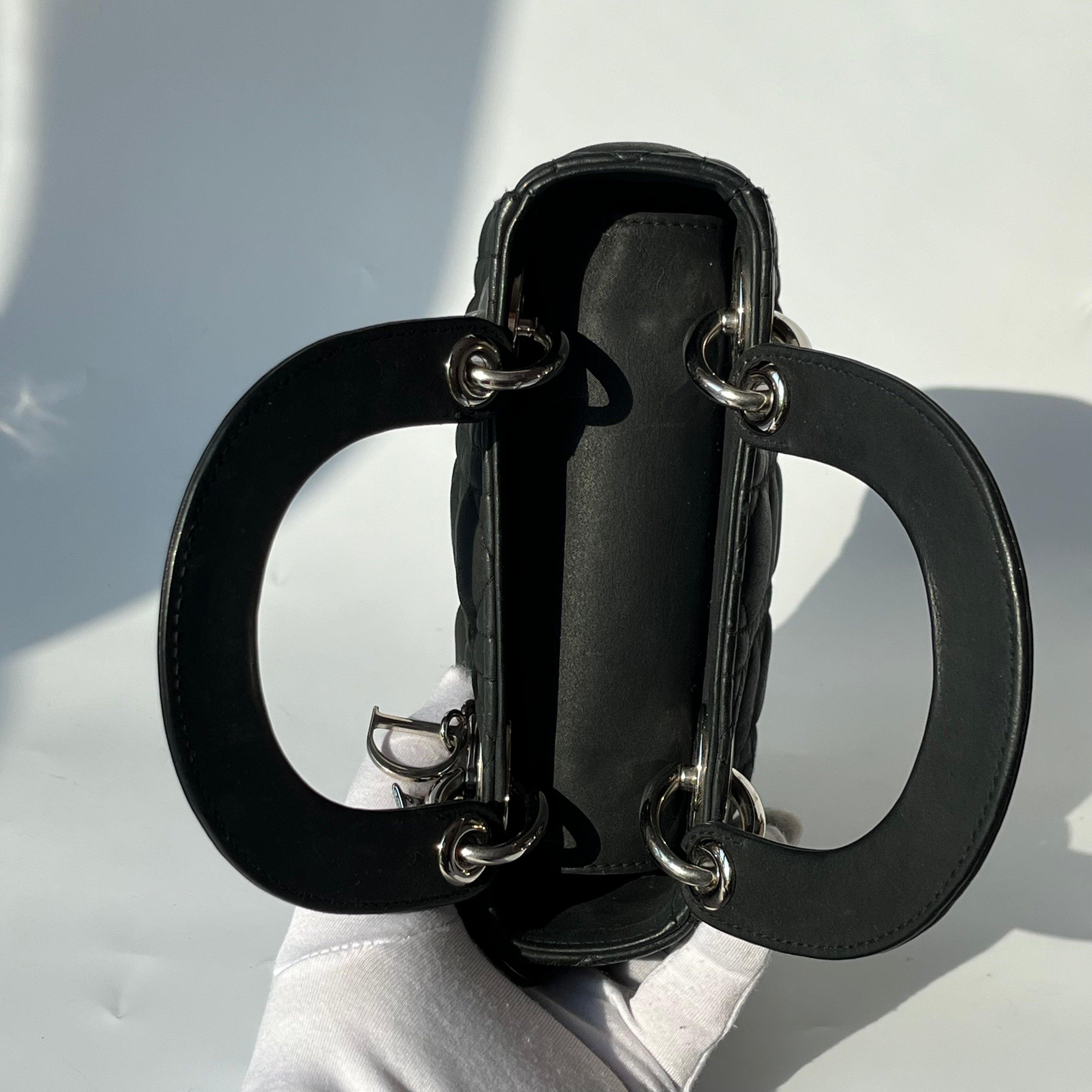 Lady Dior Mini Black Nubuck Aged Lambskin Leather with silver chain strap For Sale 2