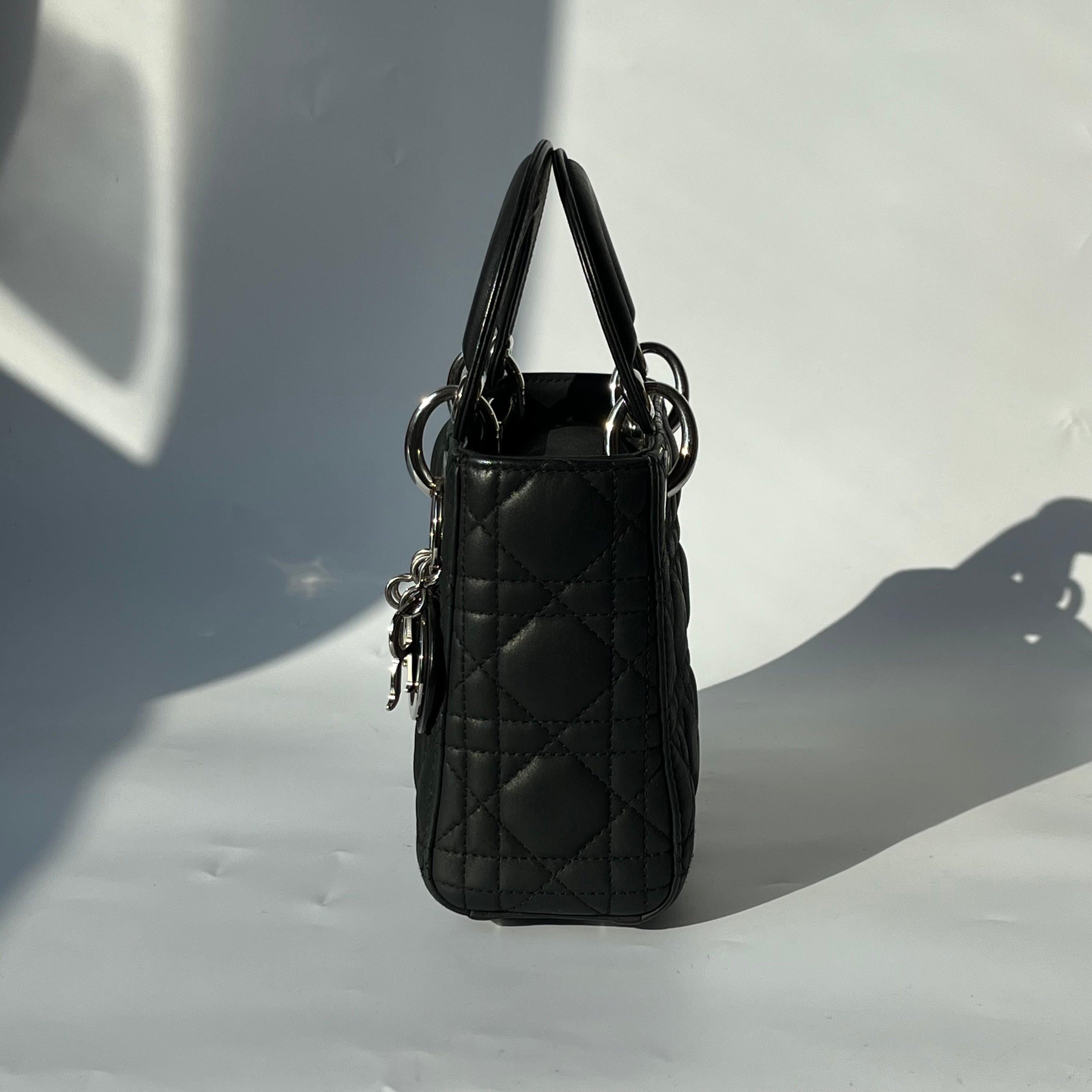 Lady Dior Mini Black Nubuck Aged Lambskin Leather with silver chain strap For Sale 3