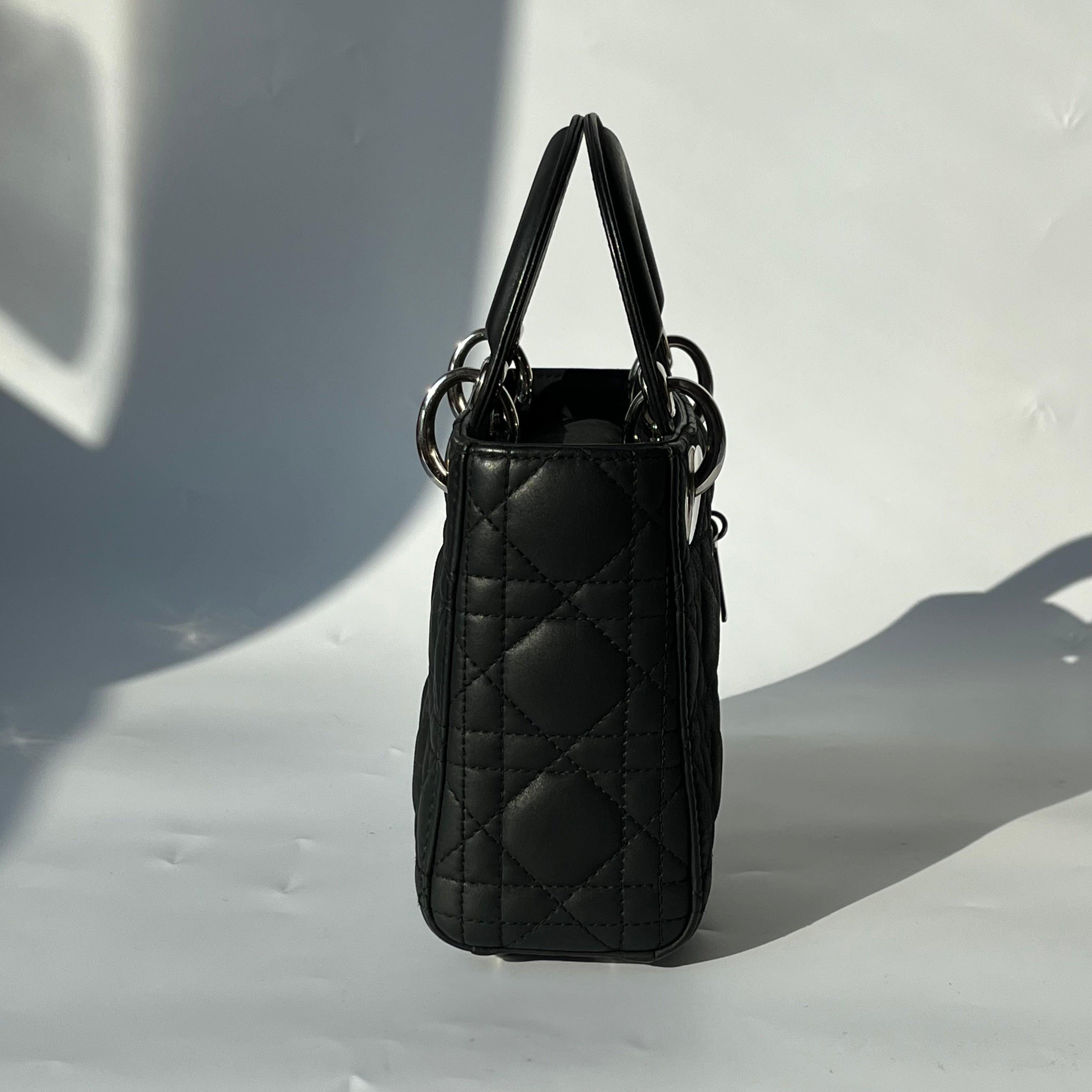 Lady Dior Mini Black Nubuck Aged Lambskin Leather with silver chain strap For Sale 4