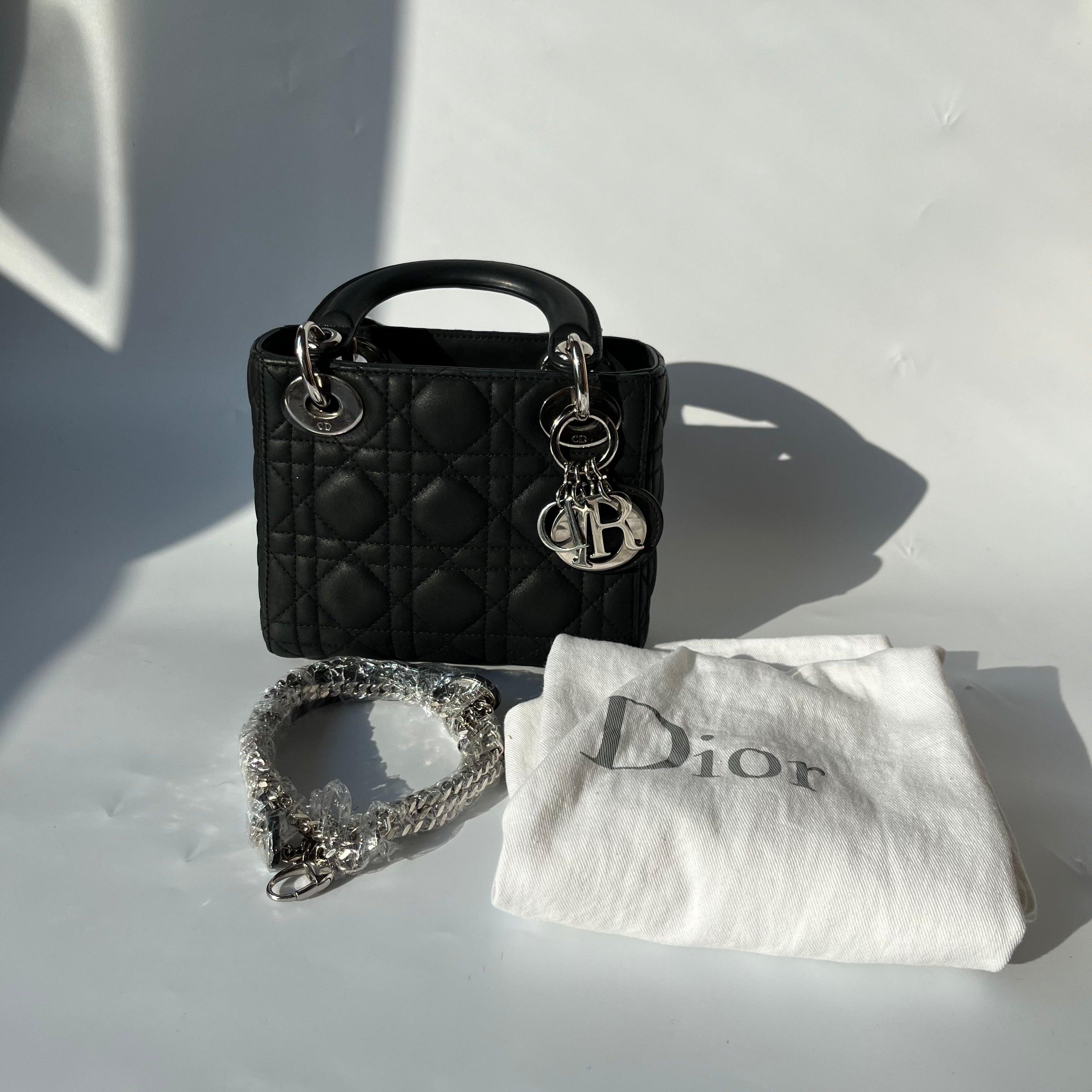 Lady Dior Mini Black Nubuck Aged Lambskin Leather with silver chain strap For Sale 5