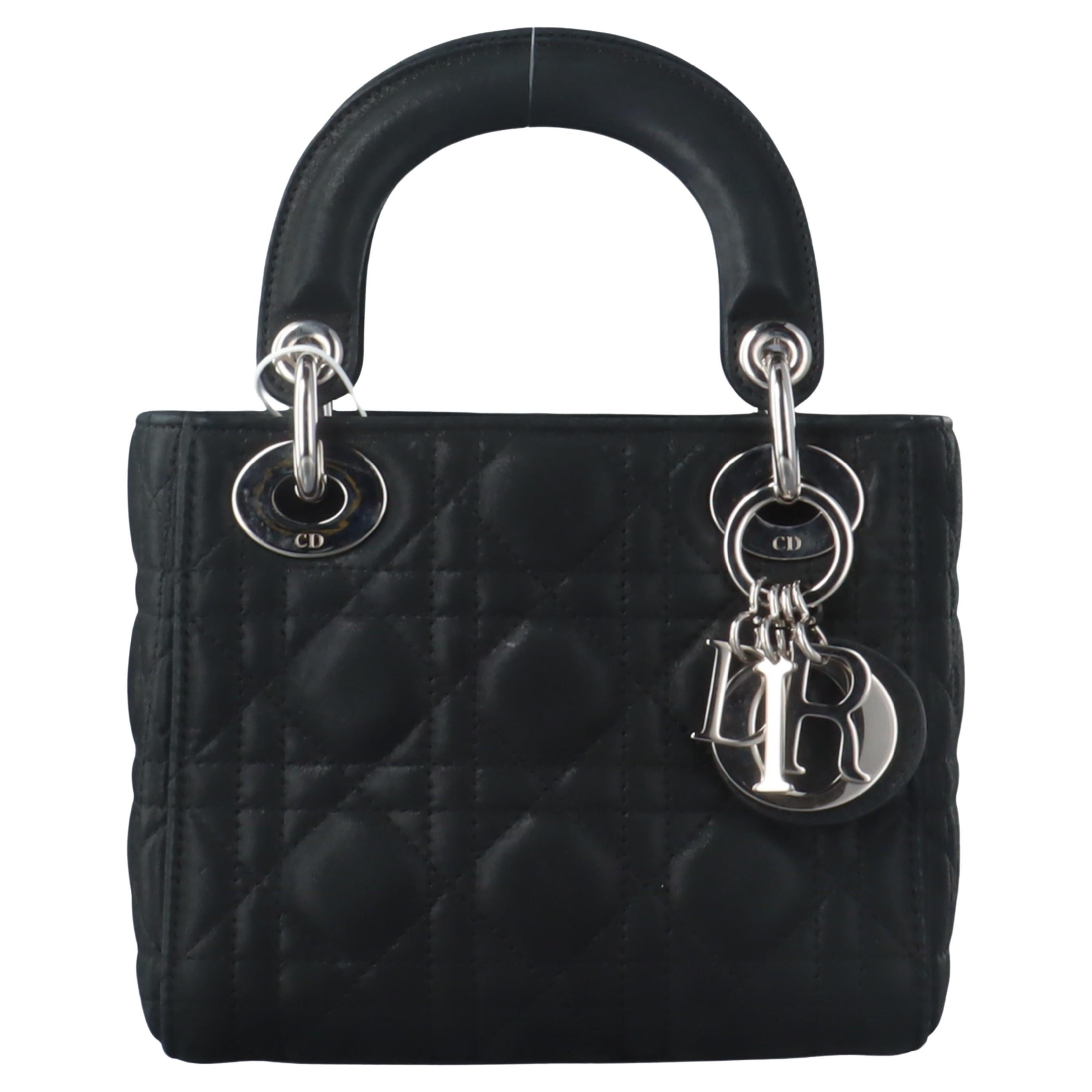 Lady Dior Mini Black Nubuck Aged Lambskin Leather with silver chain strap For Sale