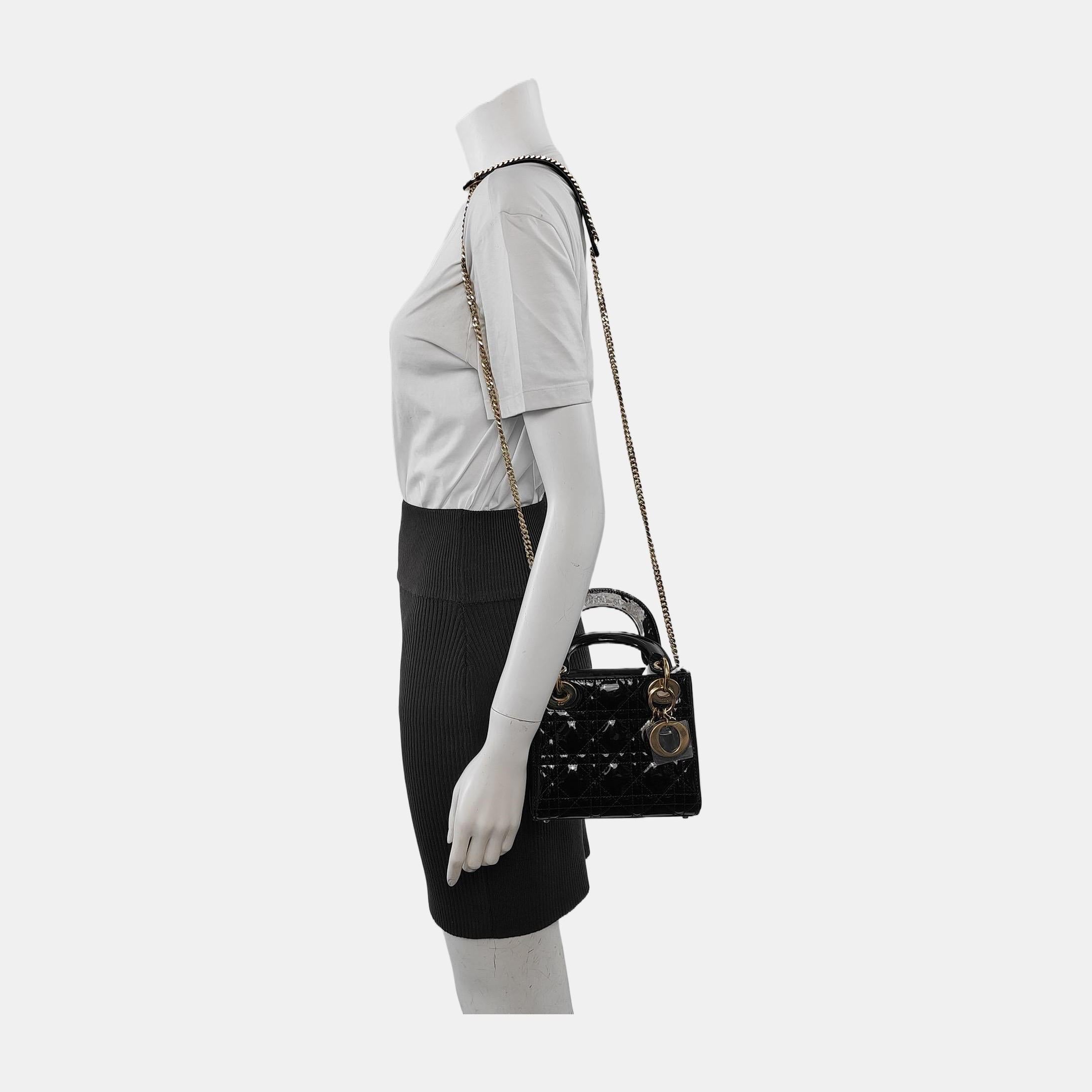 Women's Lady Dior Mini Black Patent Leather handbag with gold hardware Chain Strap