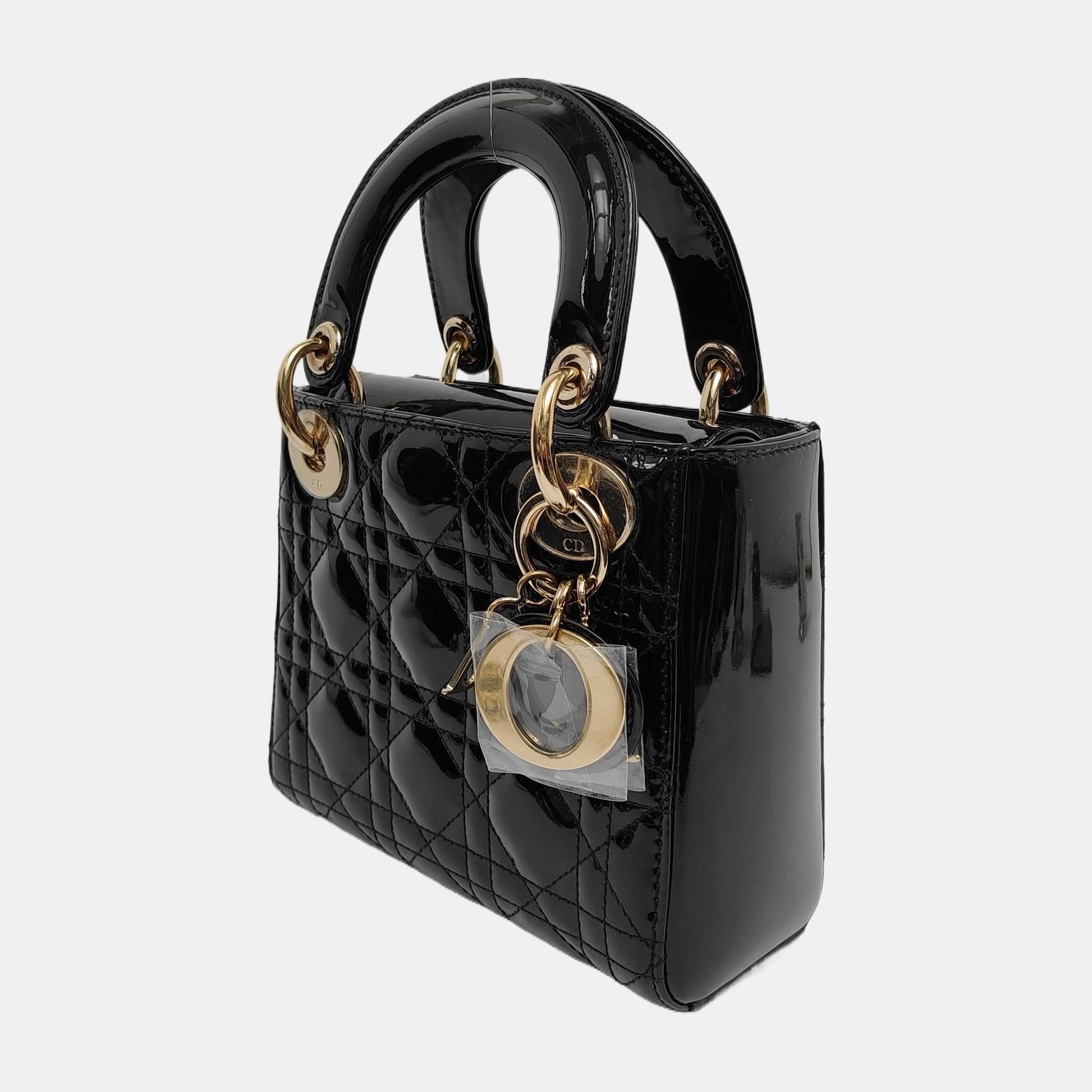Lady Dior Mini Black Patent Leather handbag with gold hardware Chain Strap 1
