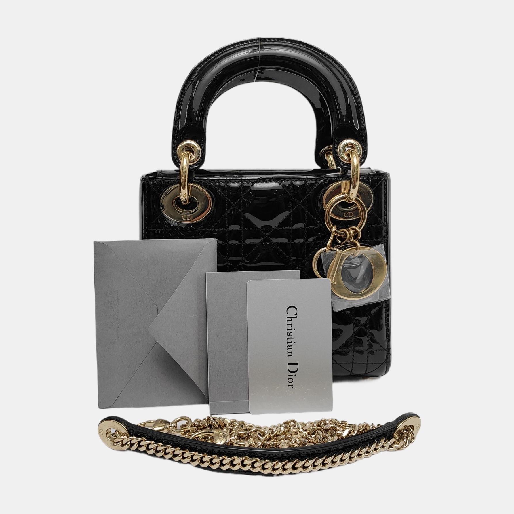 Lady Dior Mini Black Patent Leather handbag with gold hardware Chain Strap 5
