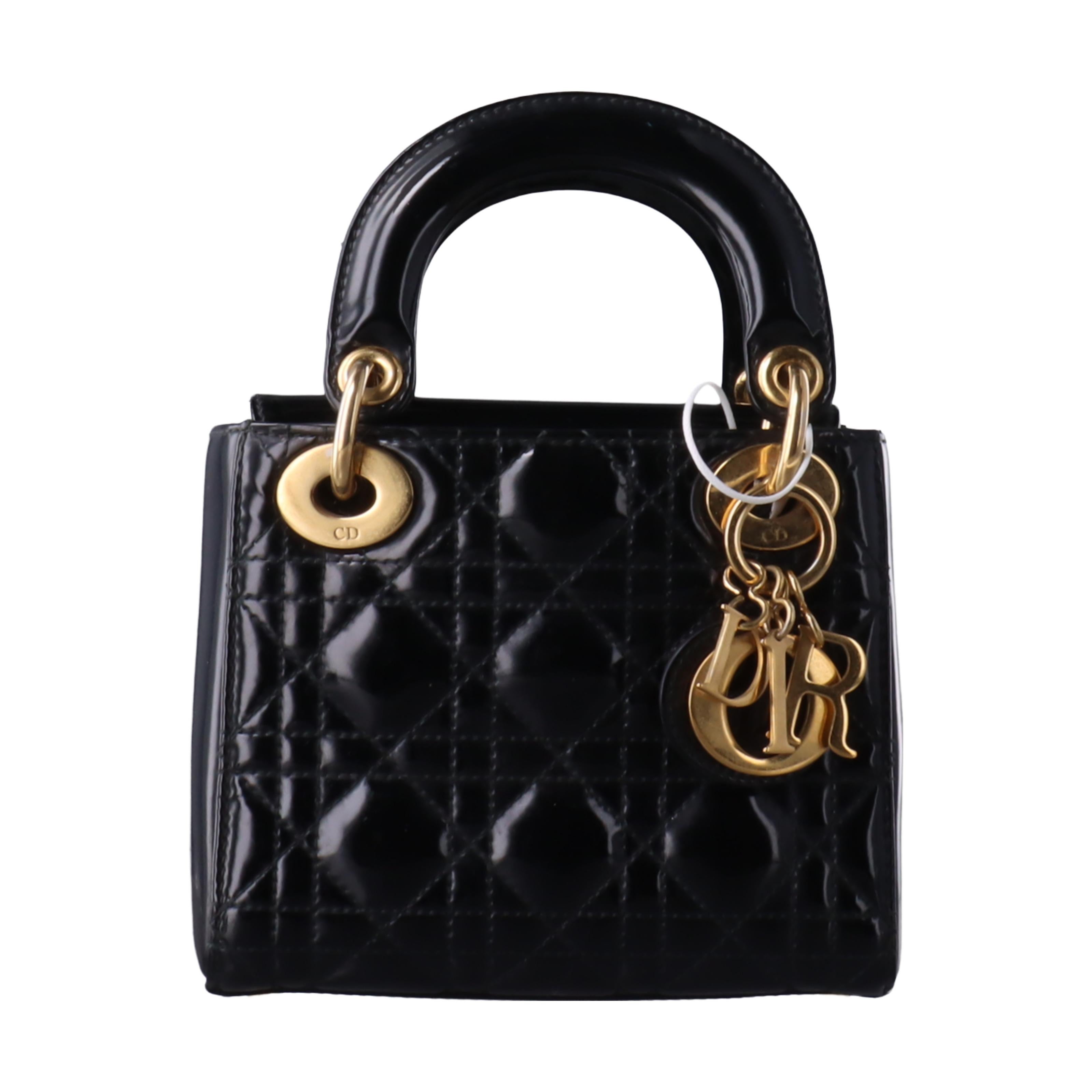 Lady Dior Mini Black Patent Leather handbag with gold hardware Leather Strap
 These are professional photos of the actual bag offered
 This Lady Dior Mini handbag features a patent leather decorated with gold hardware, making it an ideal accessory