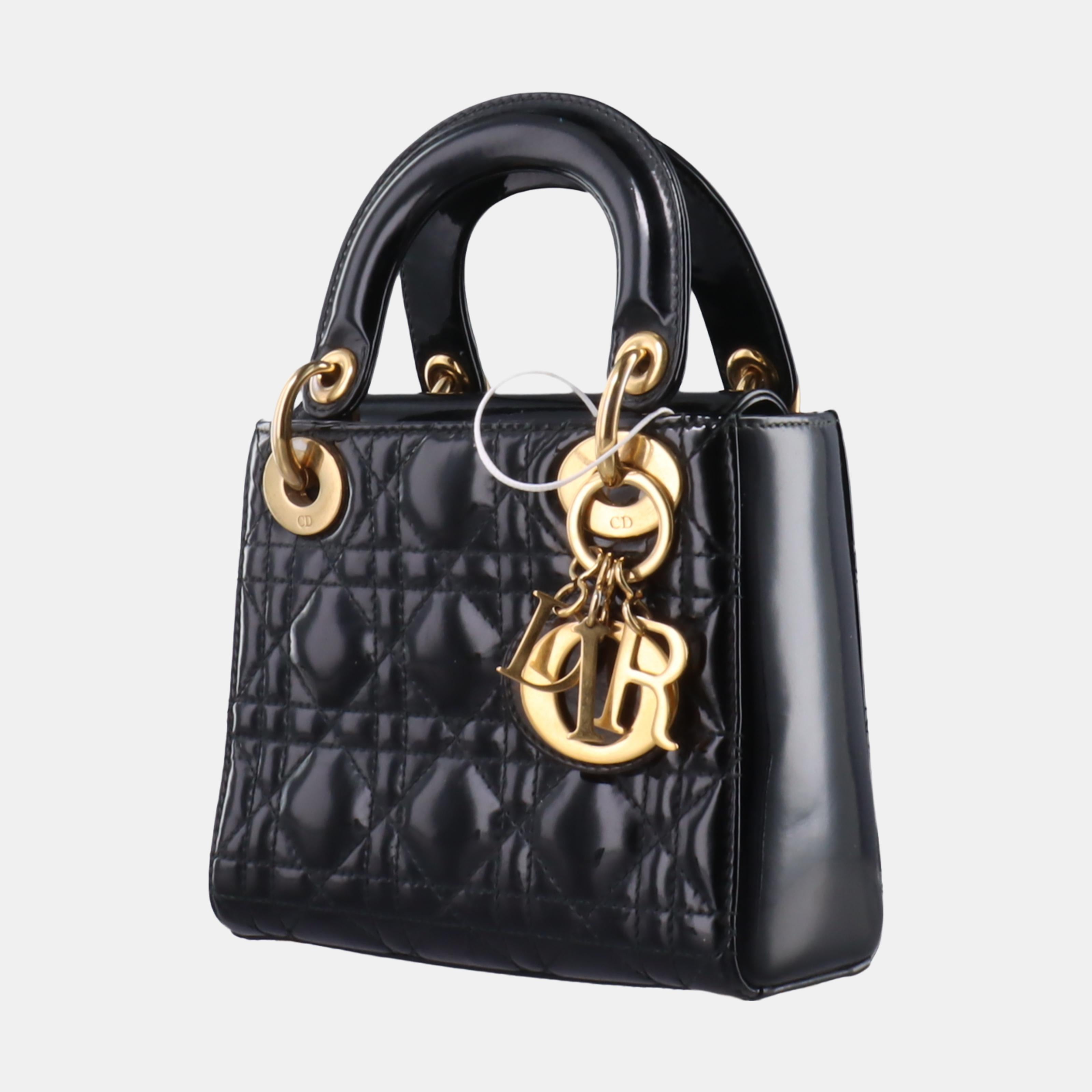 Women's Lady Dior Mini Black Patent Leather handbag with gold hardware Leather Strap