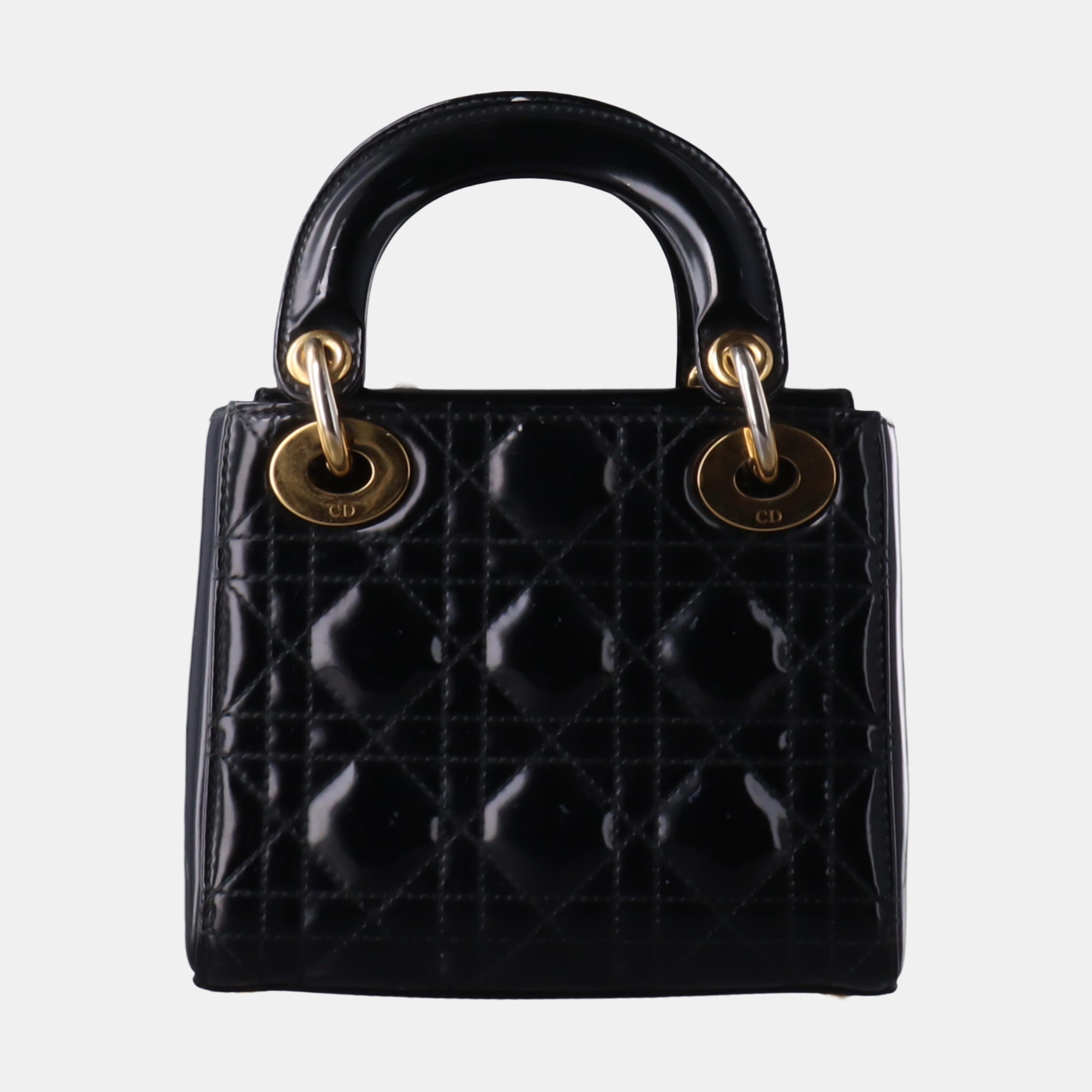 Lady Dior Mini Black Patent Leather handbag with gold hardware Leather Strap 3
