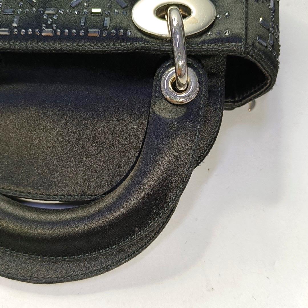 Lady Dior Mini Black Silk with Crystals Silver Hardware For Sale 6
