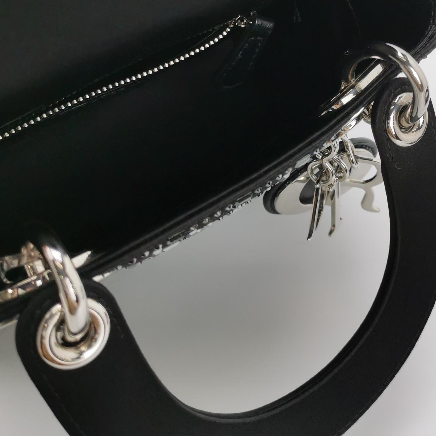 Lady Dior Mini in seta nera con cristalli e hardware in argento in vendita 5