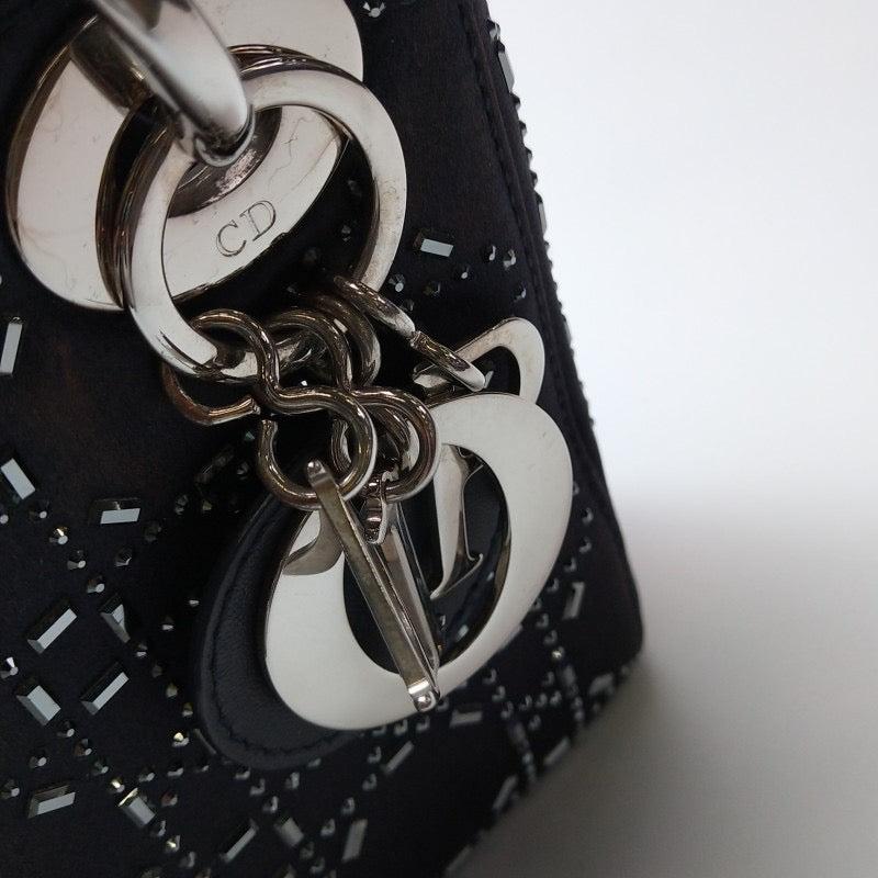 Lady Dior Mini Black Silk with Crystals Silver Hardware For Sale 7
