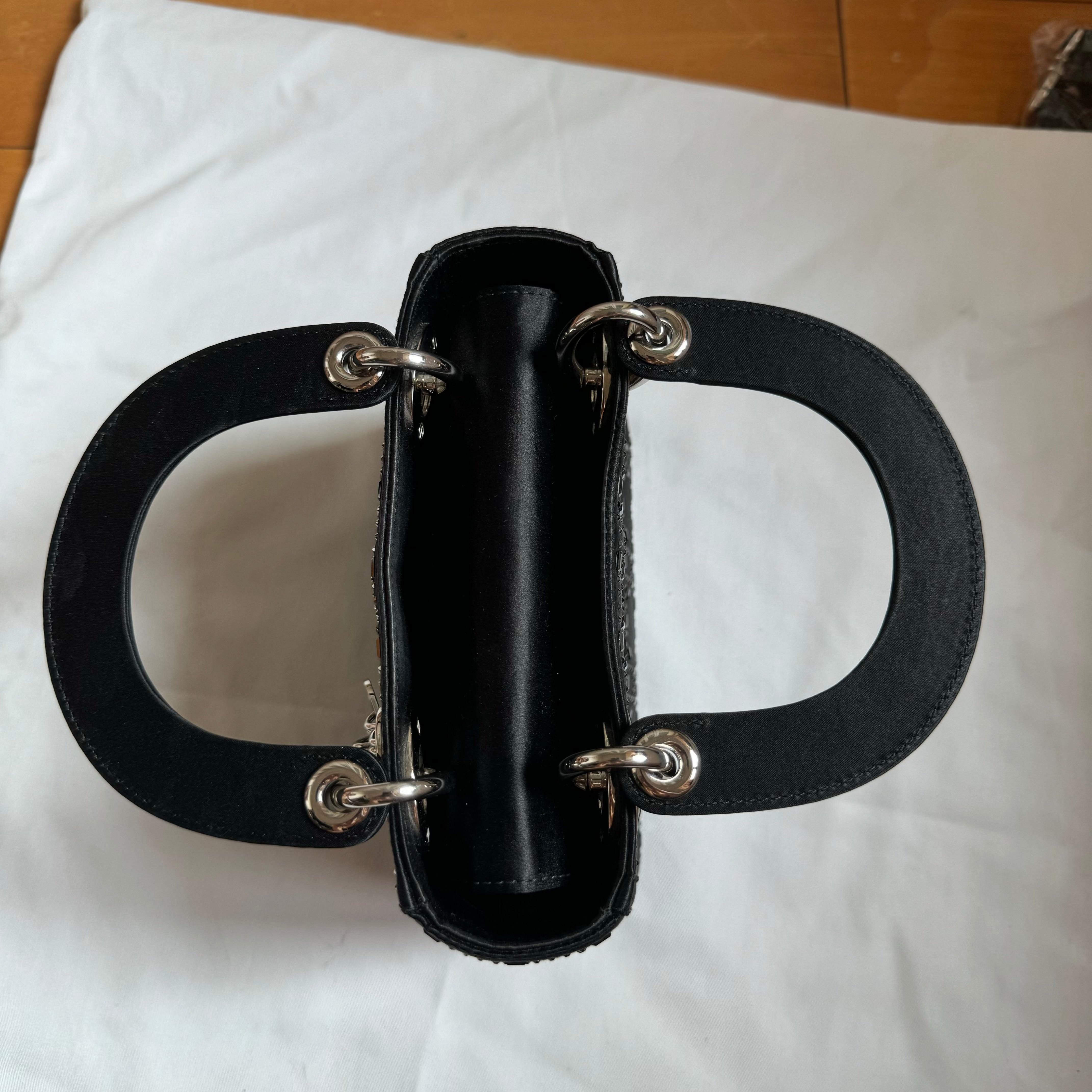 Lady Dior Mini Black Silk with Crystals Silver Hardware 8