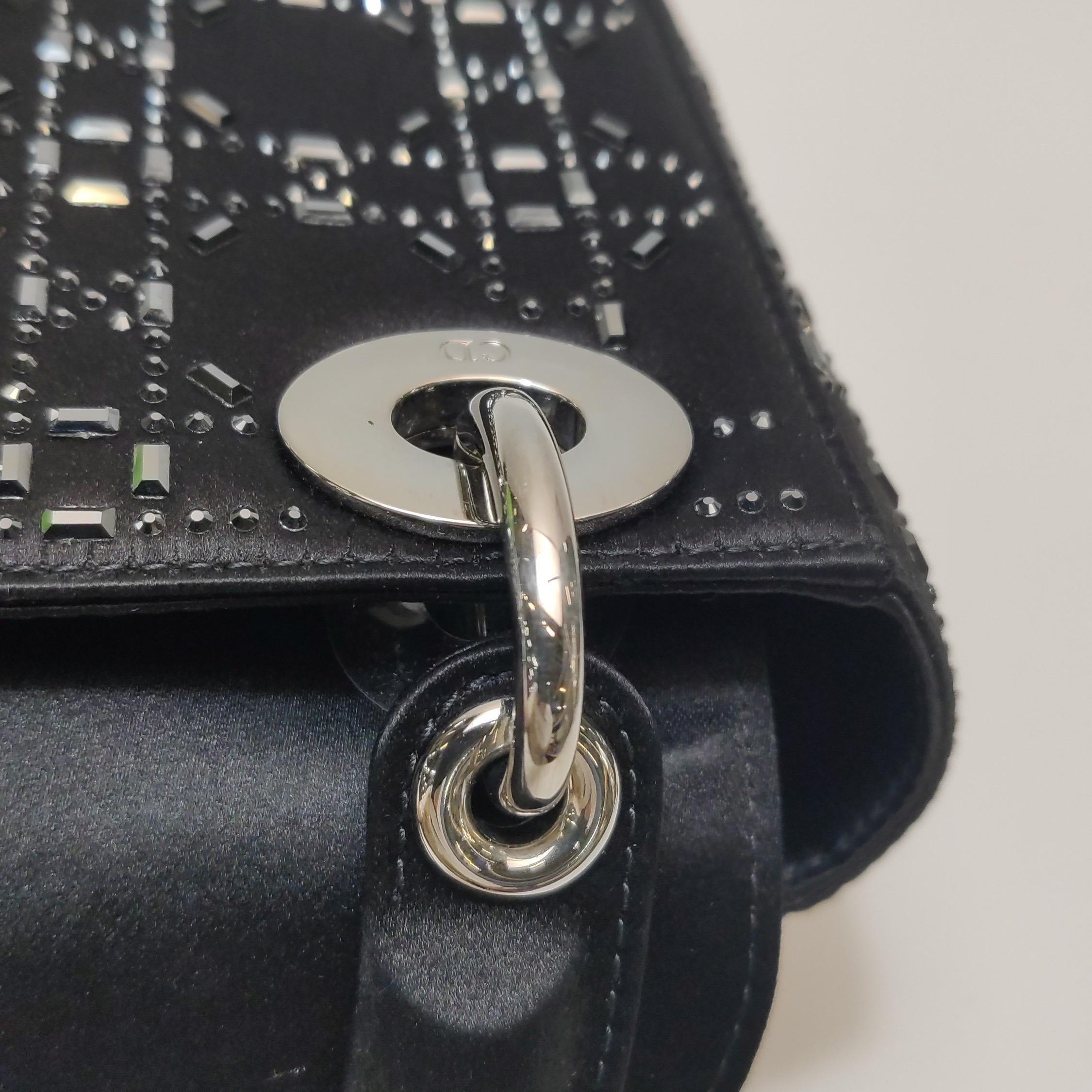 Lady Dior Mini in seta nera con cristalli e hardware in argento in vendita 9