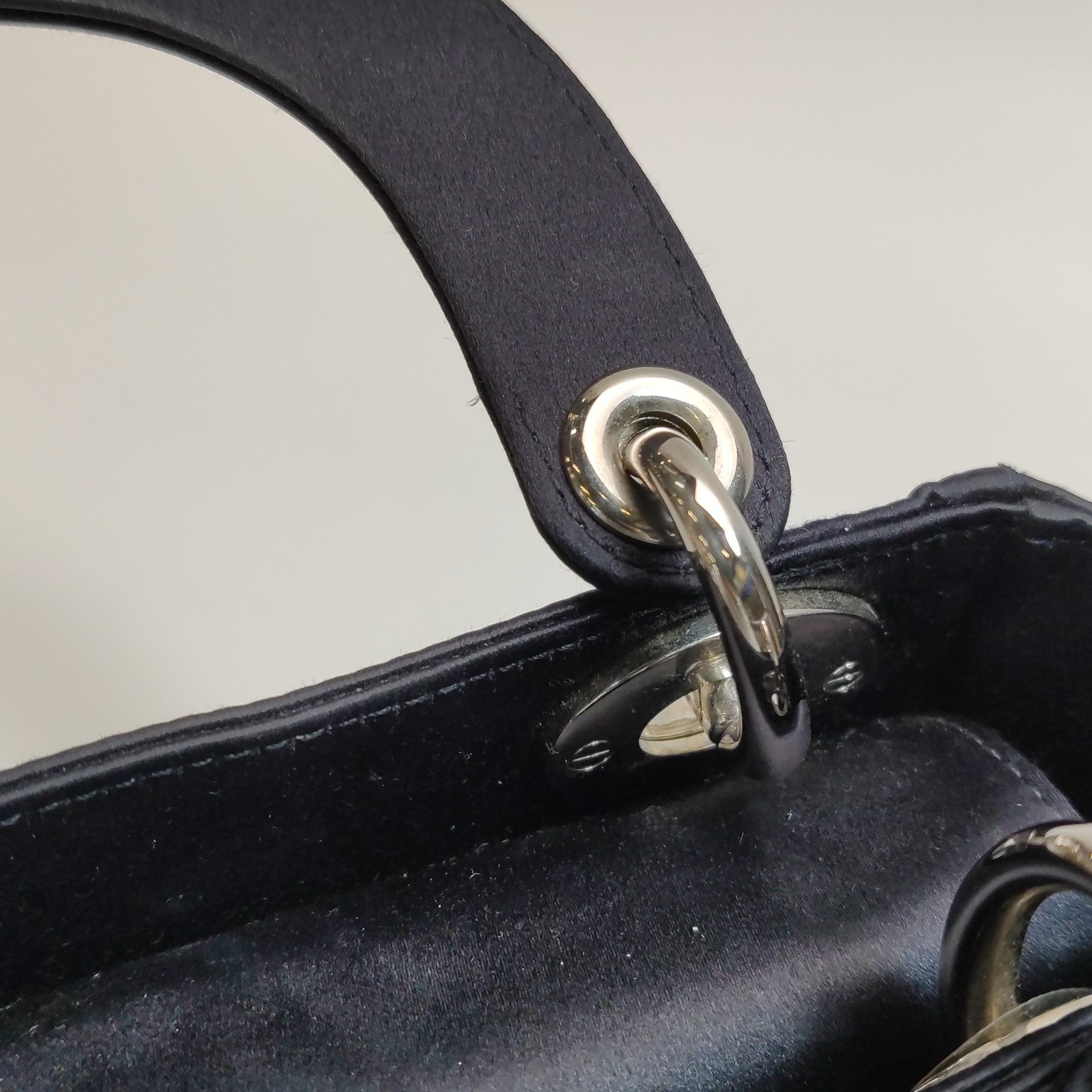 Lady Dior Mini Black Silk with Crystals Silver Hardware For Sale 10