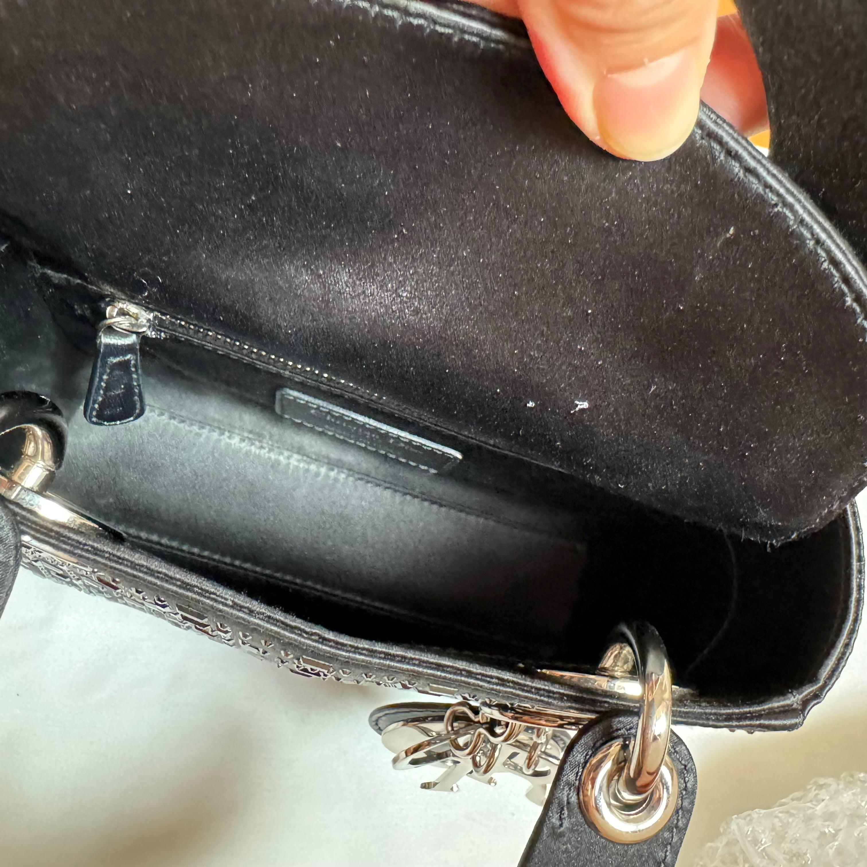 Lady Dior Mini Black Silk with Crystals Silver Hardware 11