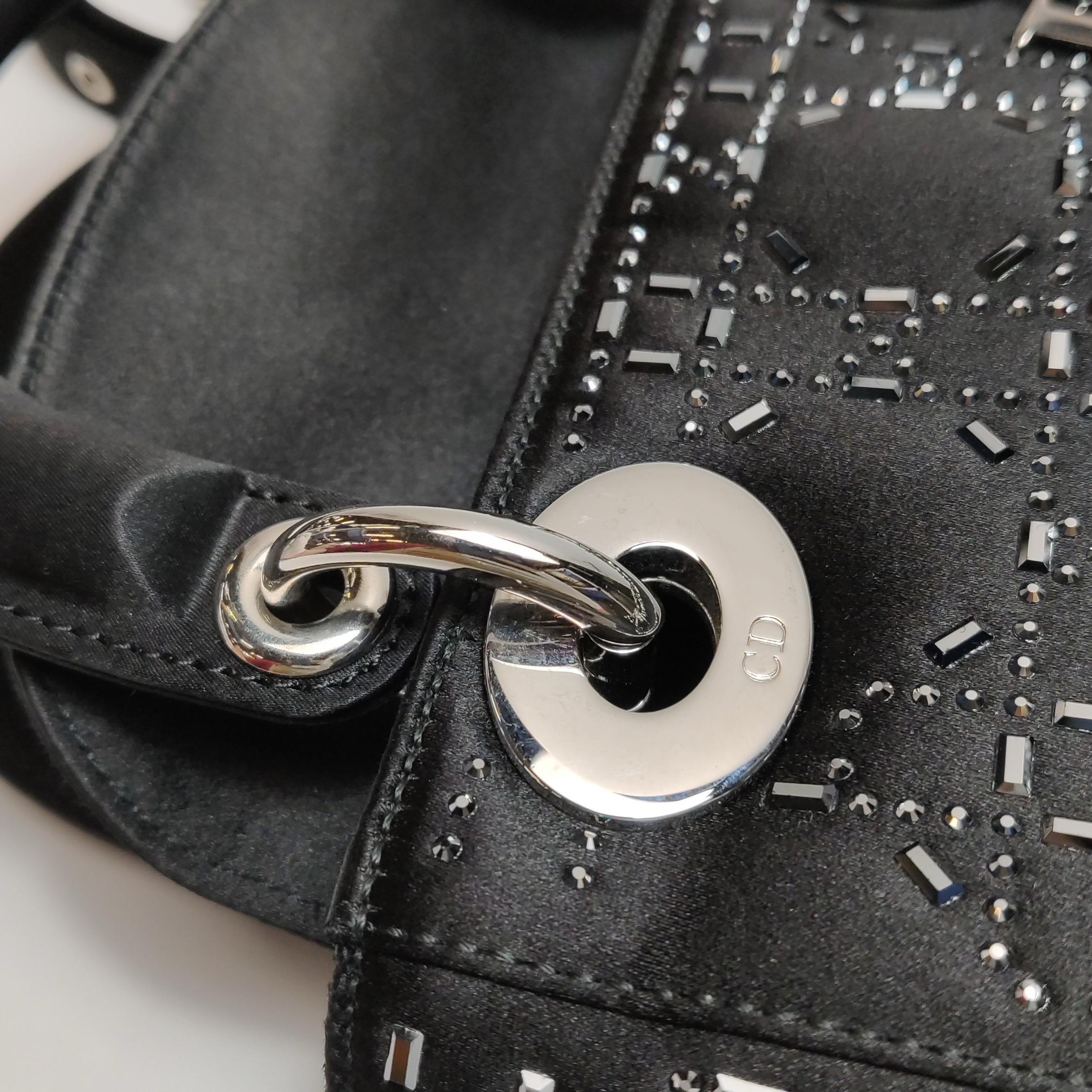 Lady Dior Mini Black Silk with Crystals Silver Hardware 11