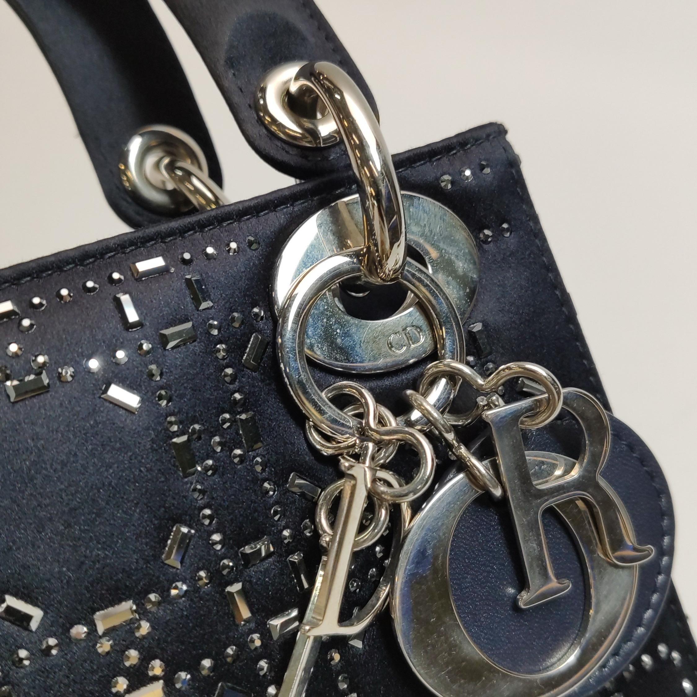 Lady Dior Mini Black Silk with Crystals Silver Hardware For Sale 11