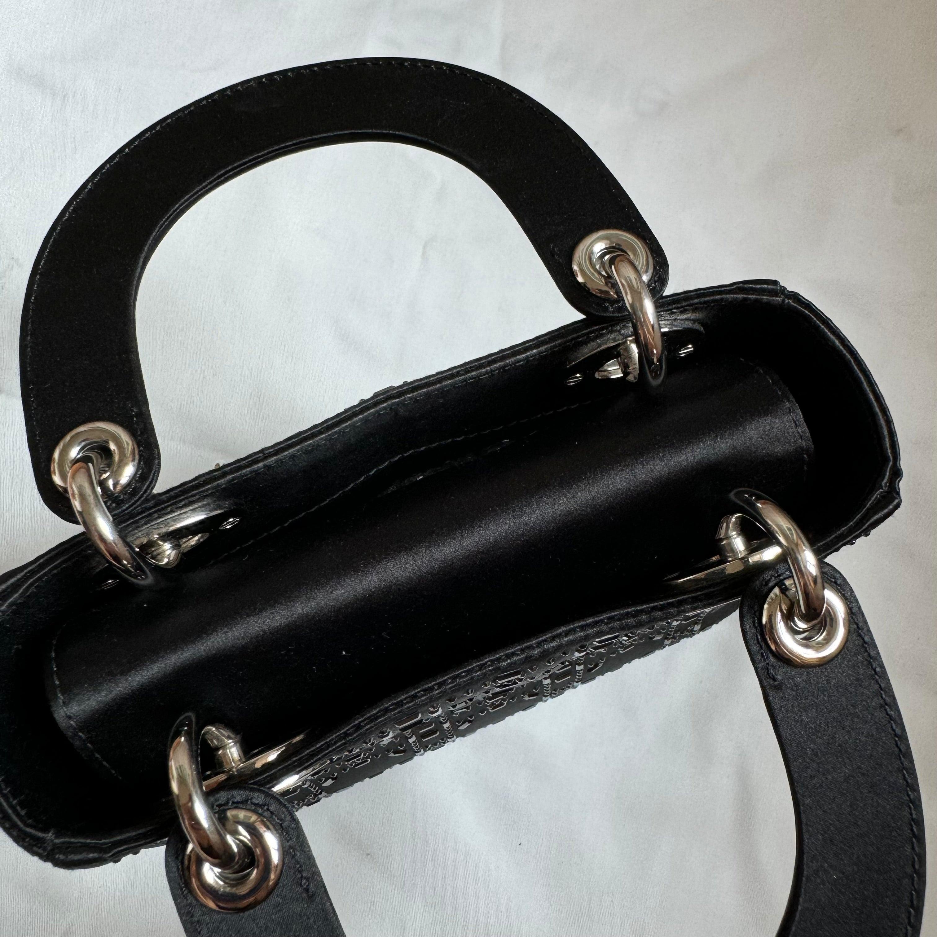 Lady Dior Mini Black Silk with Crystals Silver Hardware 12