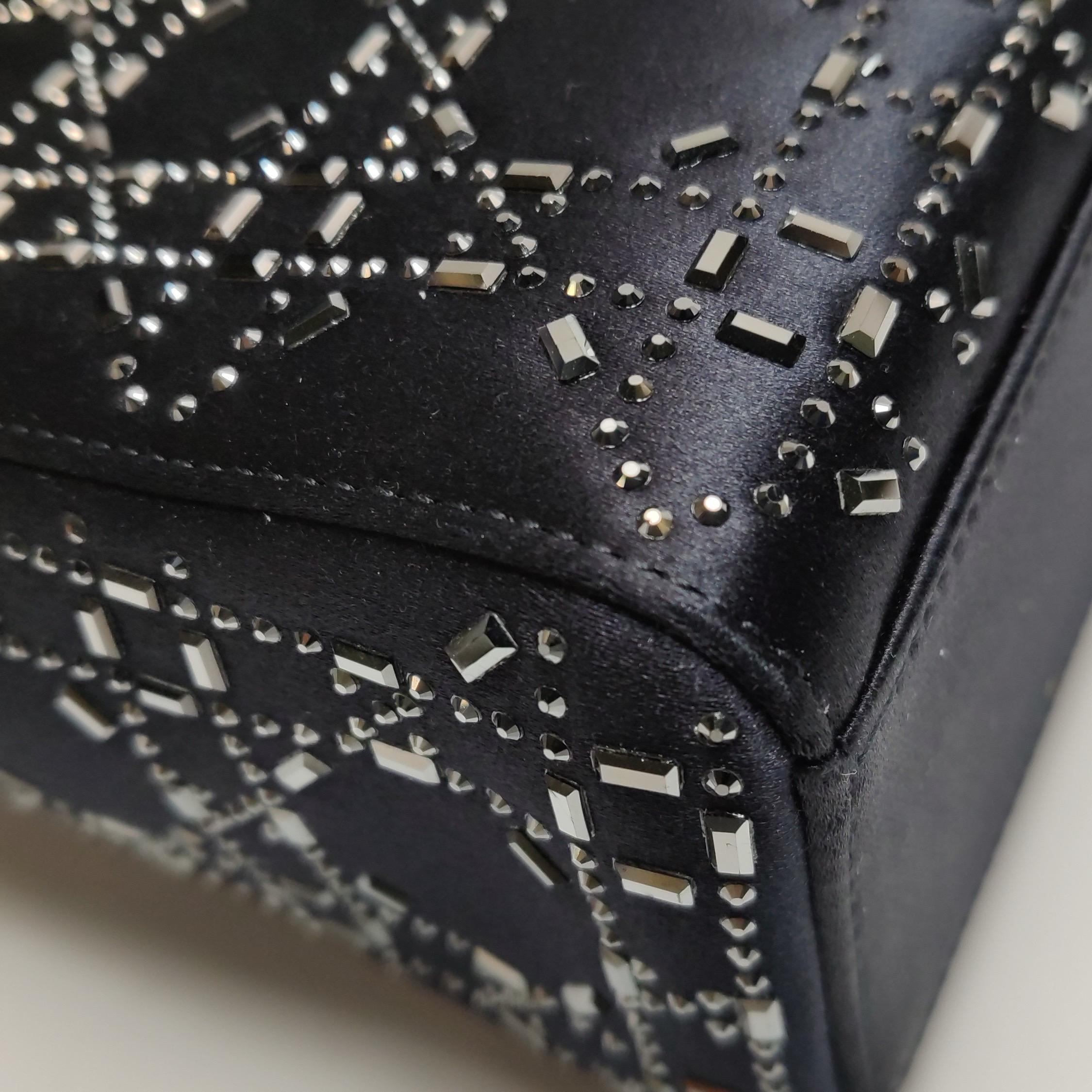 Lady Dior Mini Black Silk with Crystals Silver Hardware For Sale 12