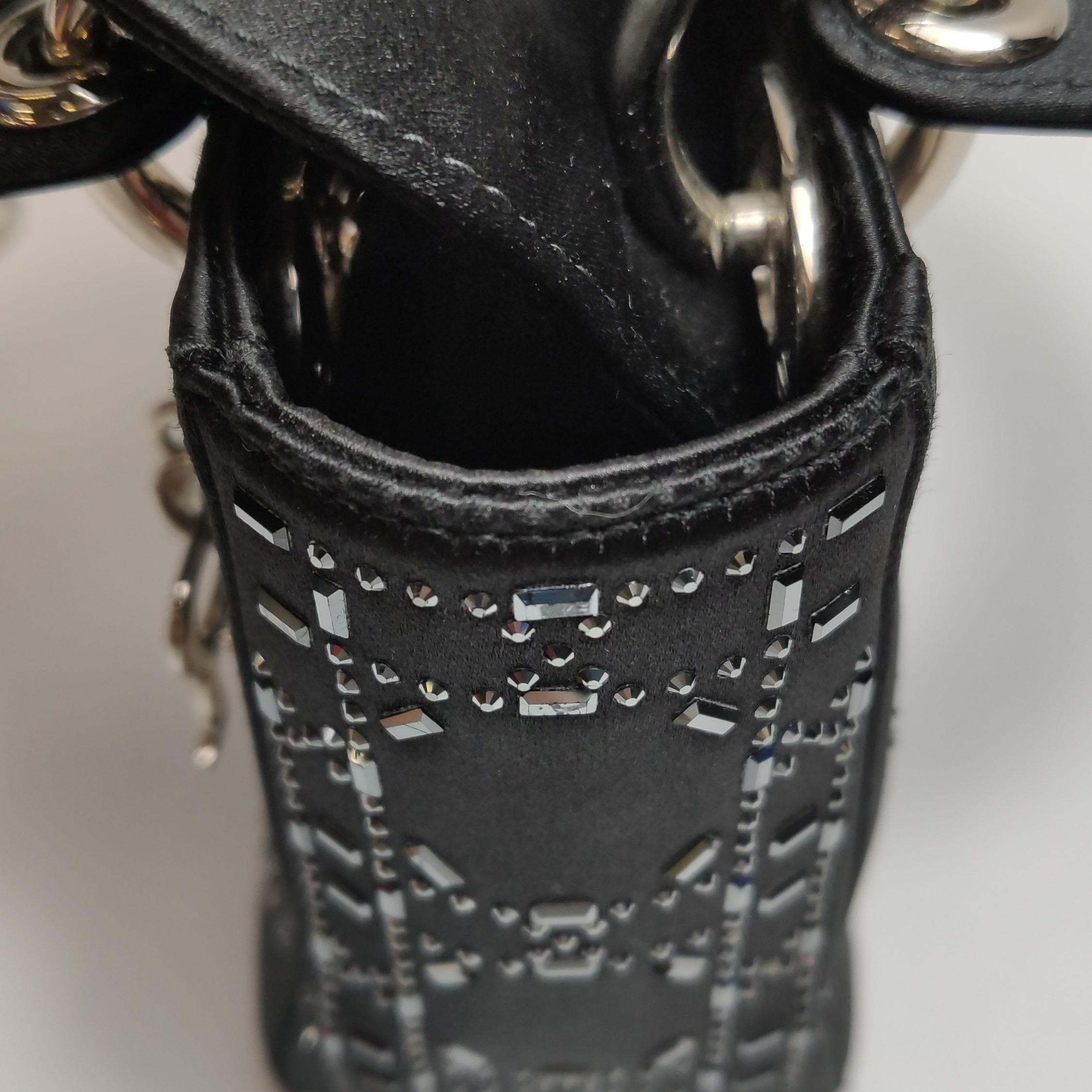 Lady Dior Mini Black Silk with Crystals Silver Hardware 14