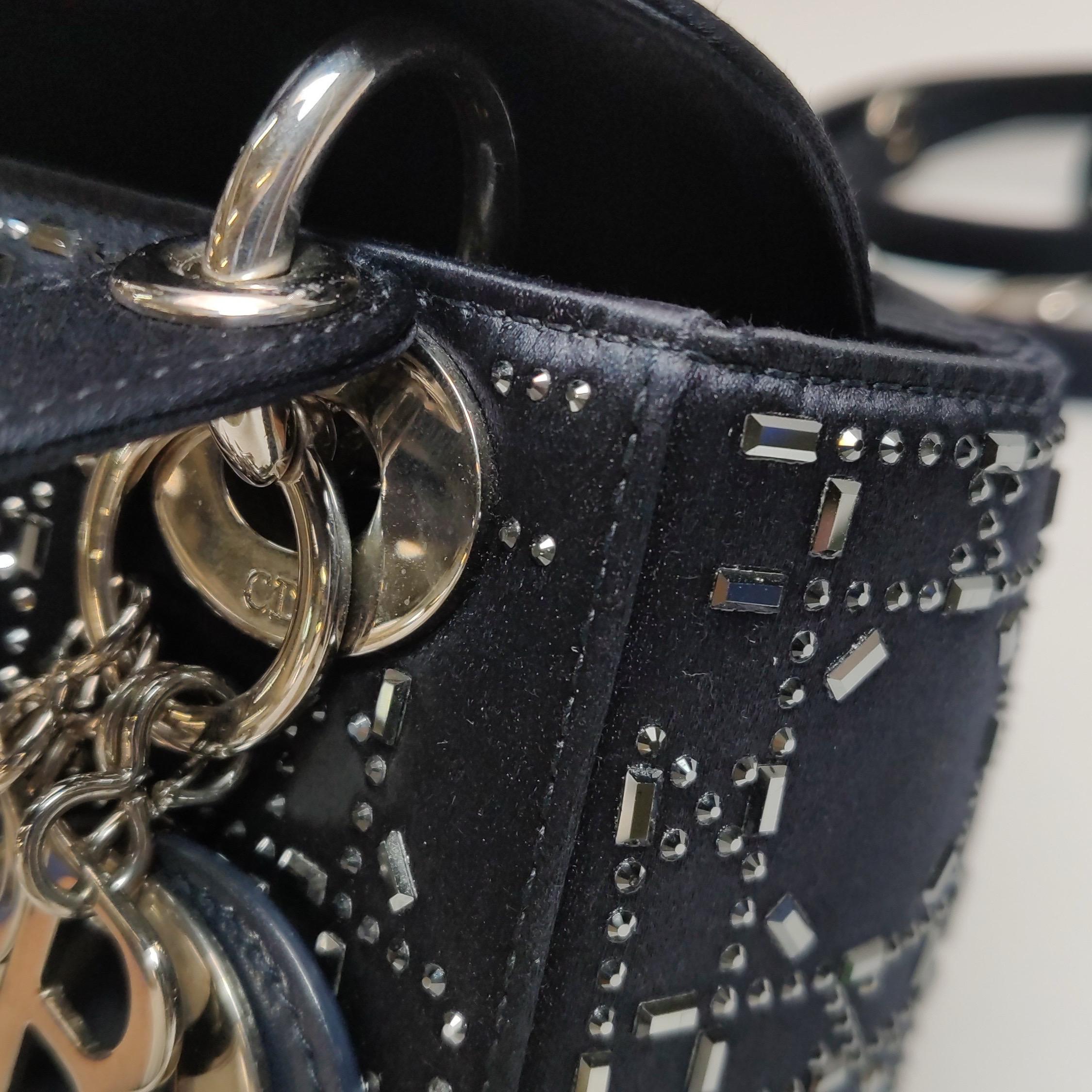 Lady Dior Mini Black Silk with Crystals Silver Hardware For Sale 14