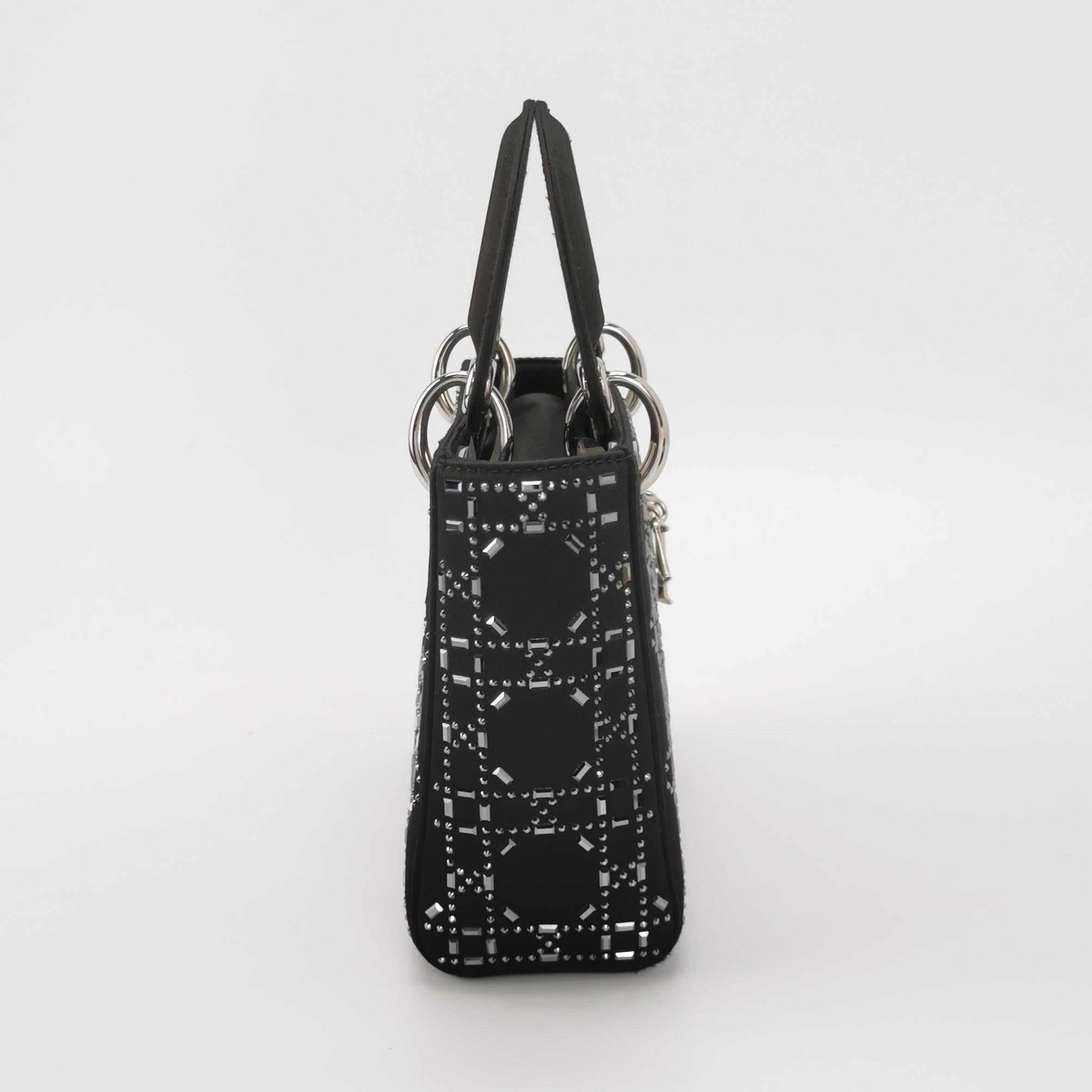 Lady Dior Mini in seta nera con cristalli e hardware in argento in vendita 14