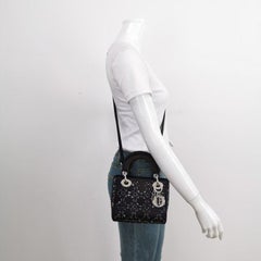 Lady Dior Mini Schwarze Seide mit Kristallen Silberne Hardware