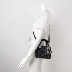 Lady Dior Mini Black Silk with Crystals Silver Hardware