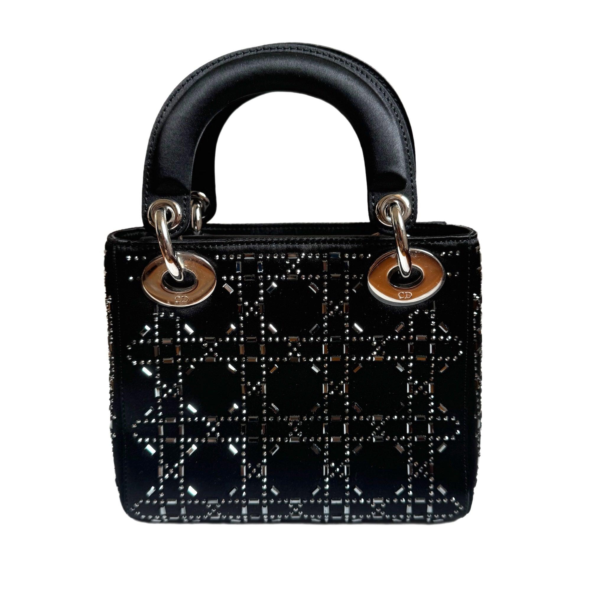 Lady Dior Mini Black Silk with Crystals Silver Hardware In Good Condition In AUBERVILLIERS, FR