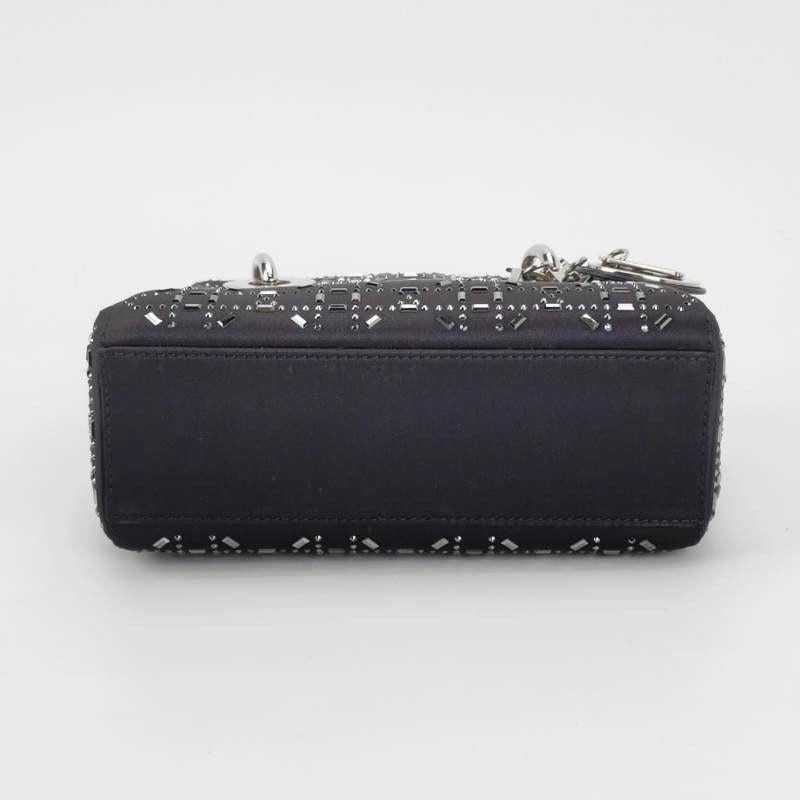 Lady Dior Mini Black Silk with Crystals Silver Hardware In Excellent Condition For Sale In AUBERVILLIERS, FR