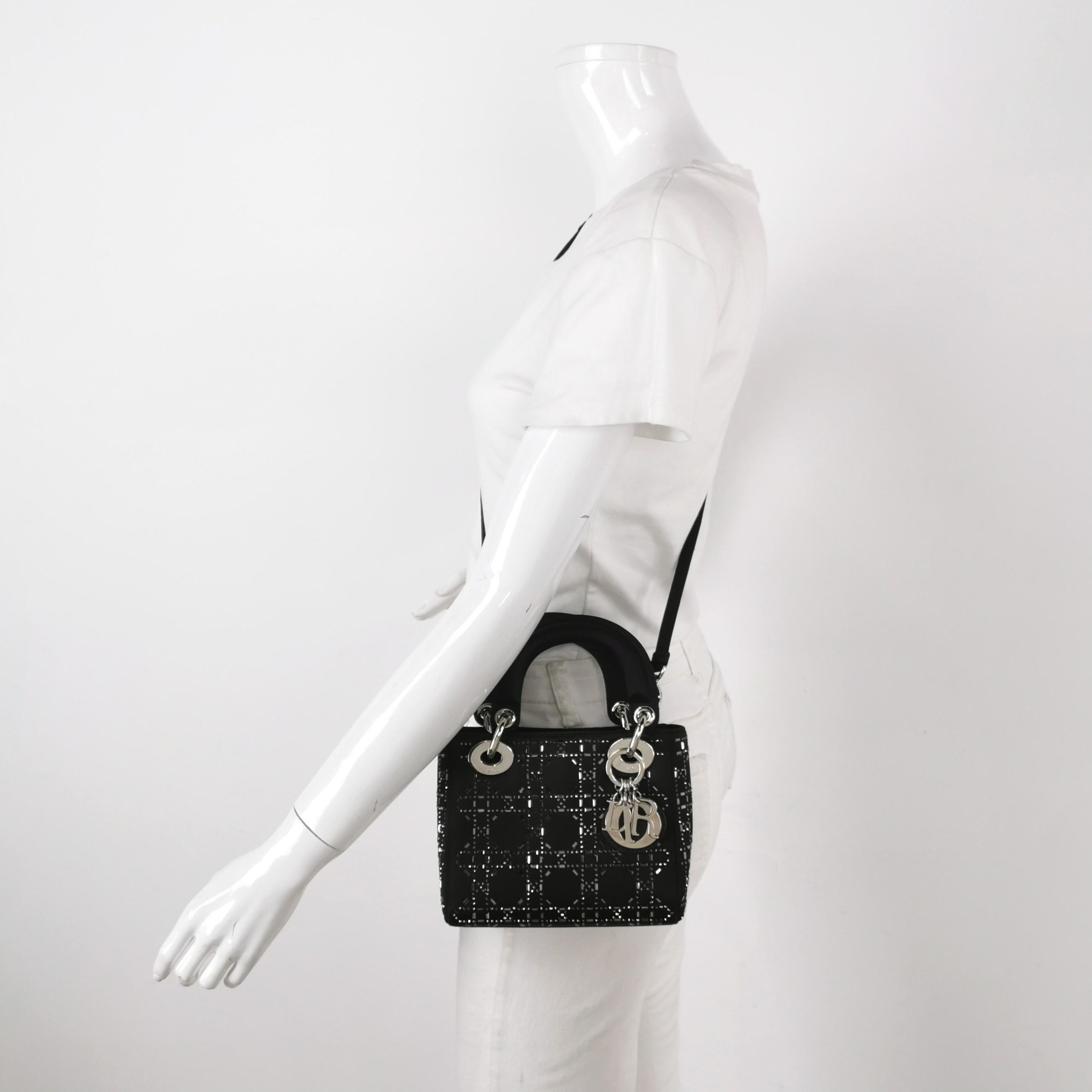 Lady Dior Mini Black Silk with Crystals Silver Hardware In Excellent Condition In AUBERVILLIERS, FR