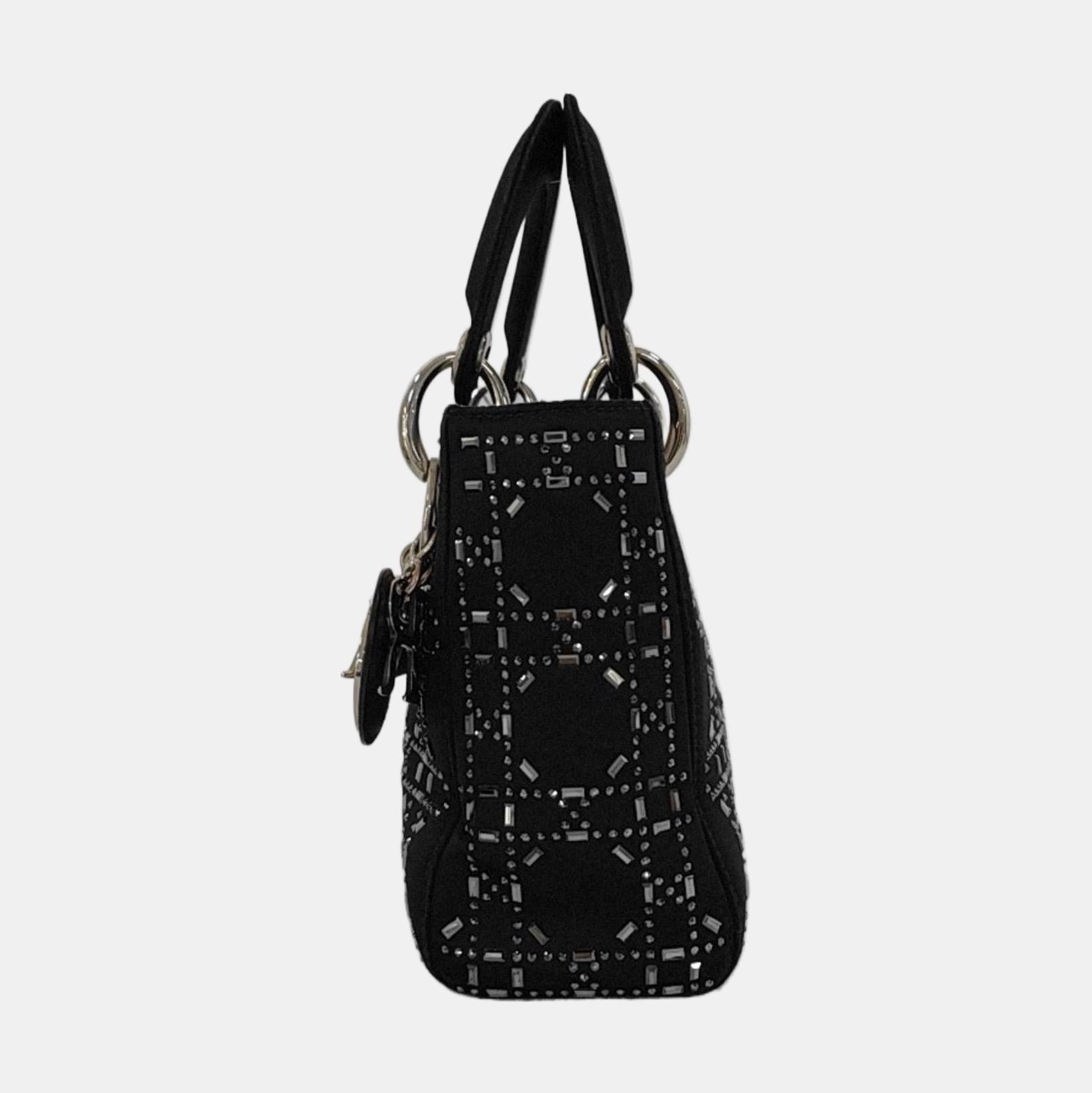 Lady Dior Mini Black Silk with Crystals Silver Hardware In Good Condition For Sale In AUBERVILLIERS, FR